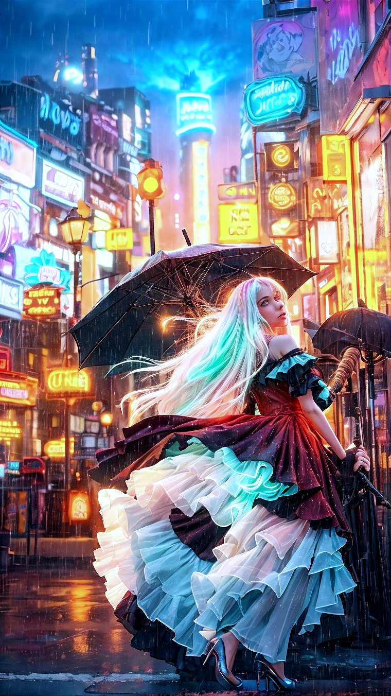 Vibrant Neon Cityscape with Rain and Umbrella Figure