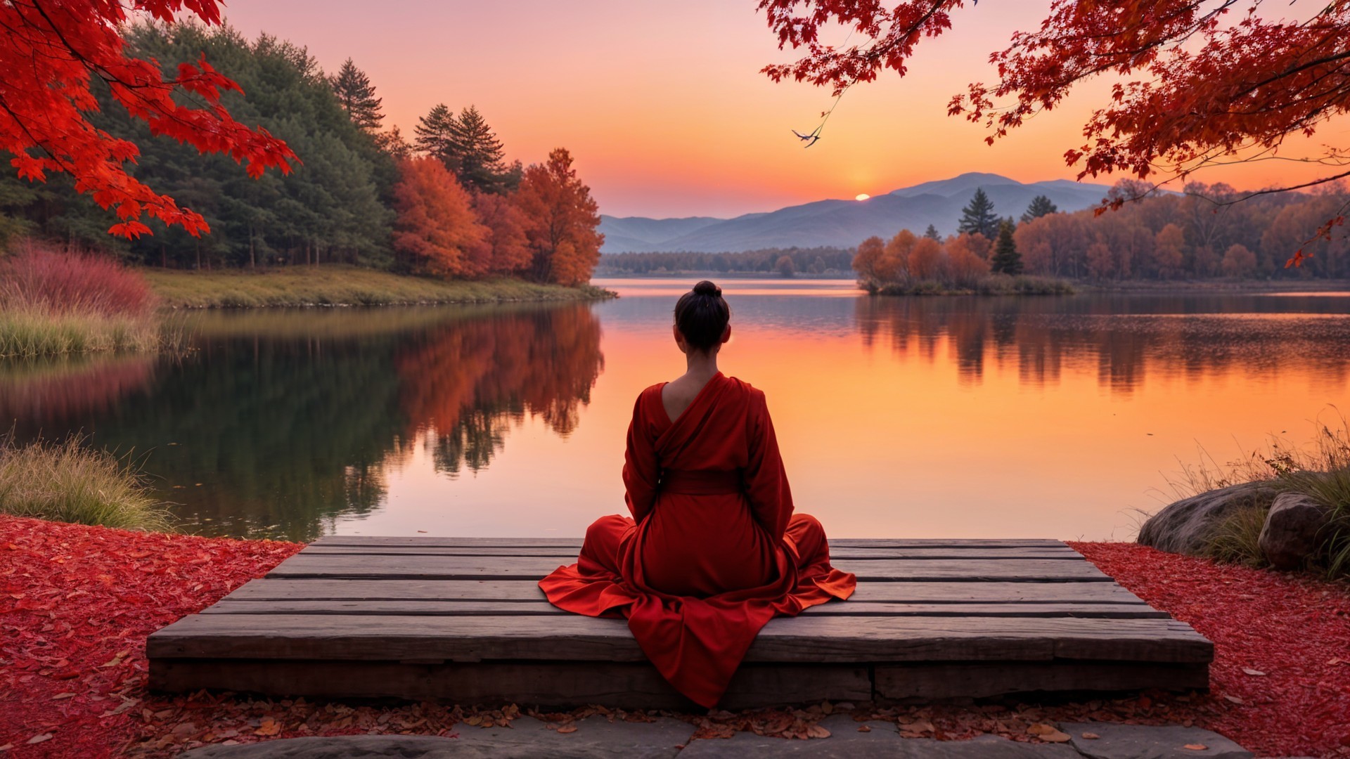 Sunset Serenity at a Tranquil Lake with Autumn Colors