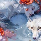 Enchanted forest scene with woman and white wolf