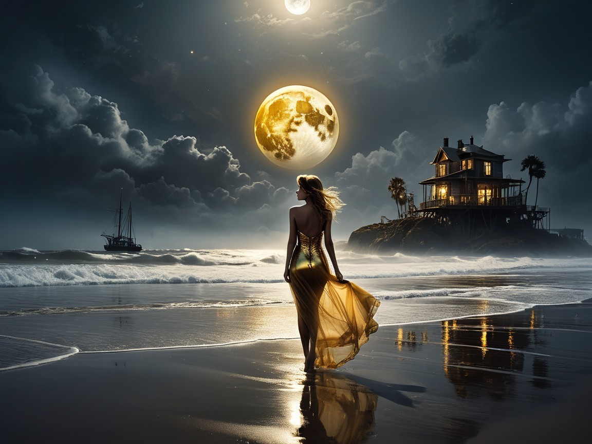 Serene Beach Scene with Moonlit Night Sky