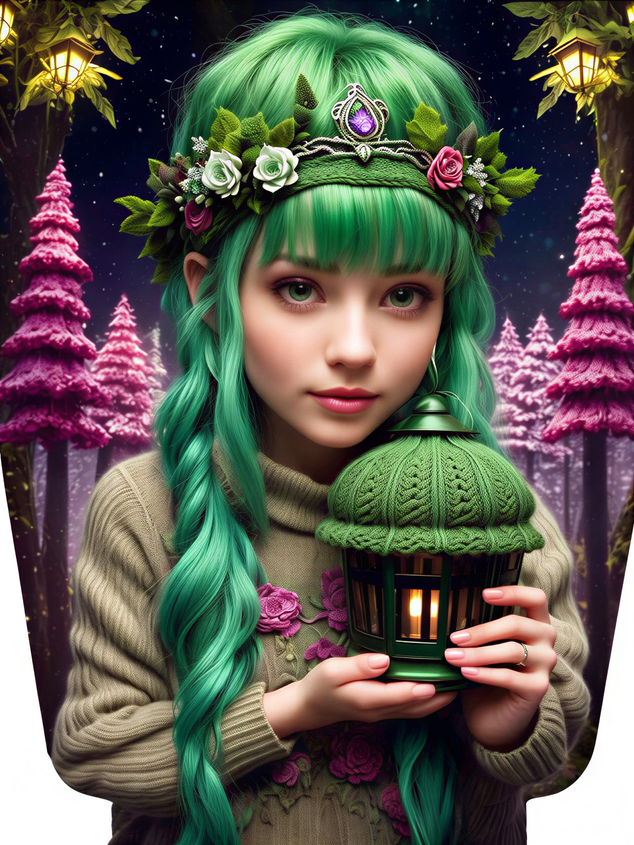 Young girl with green hair in a mystical forest
