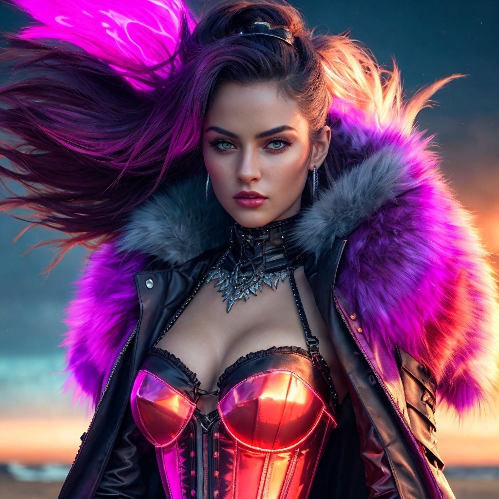 Confident Figure in Bold Corset and Sunset Background