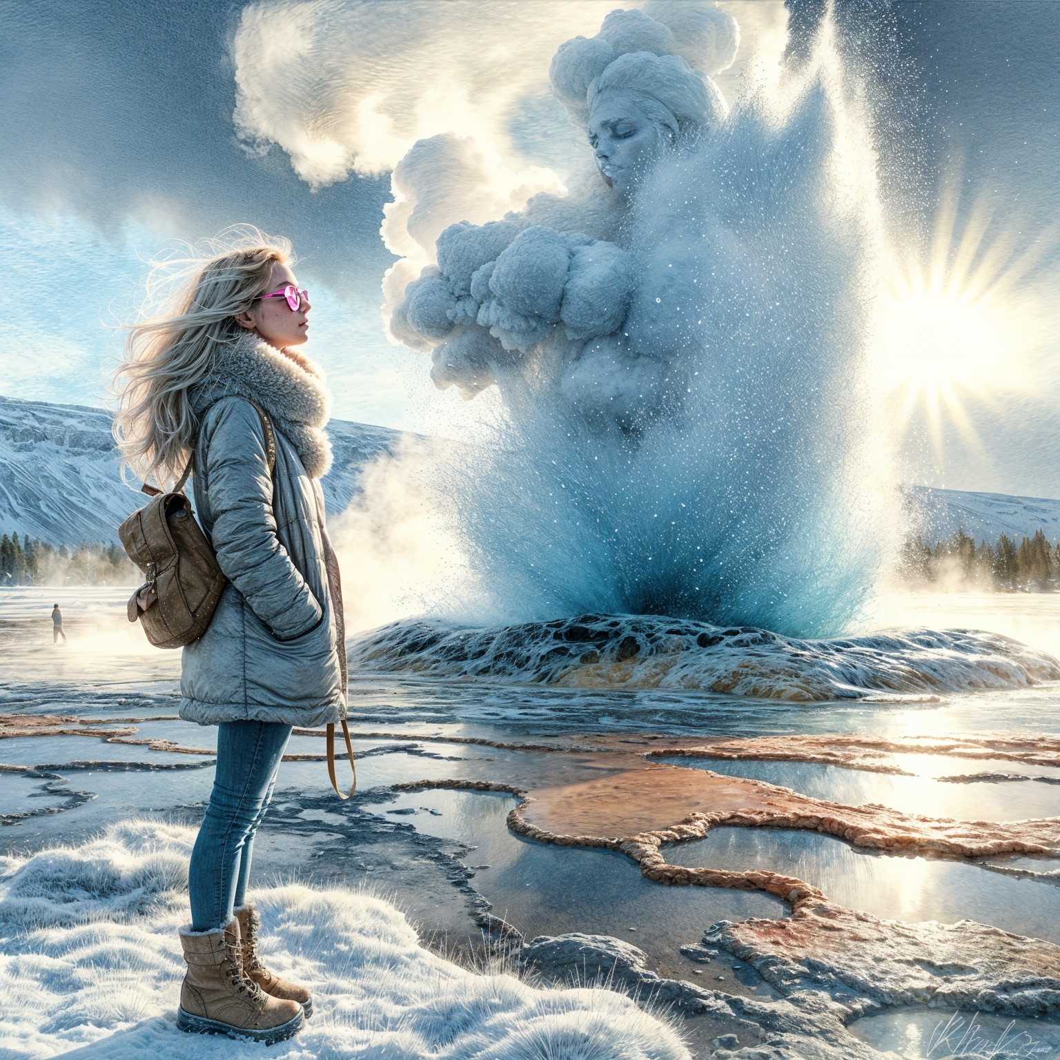 Young woman in icy landscape with ethereal figure