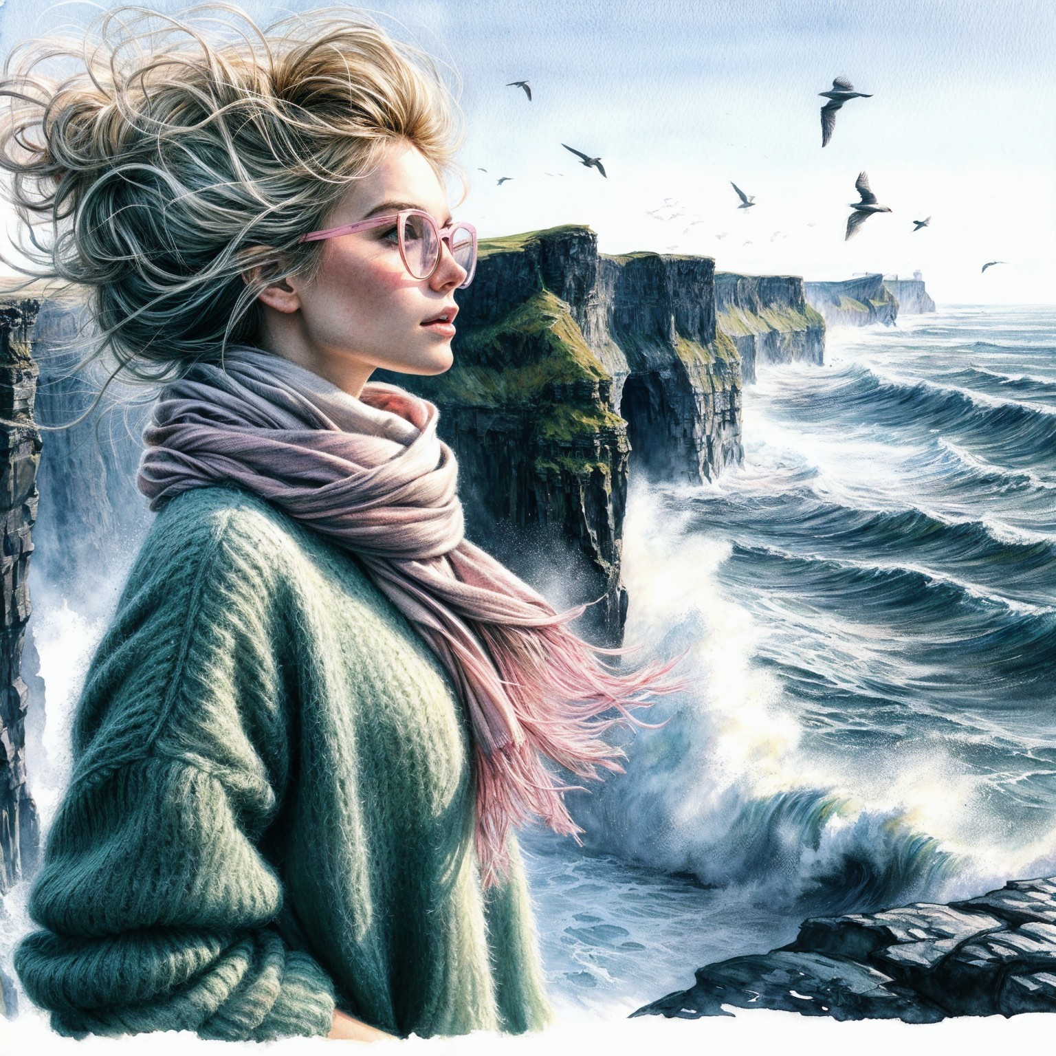 Young Woman at Rugged Coastline with Dramatic Sea