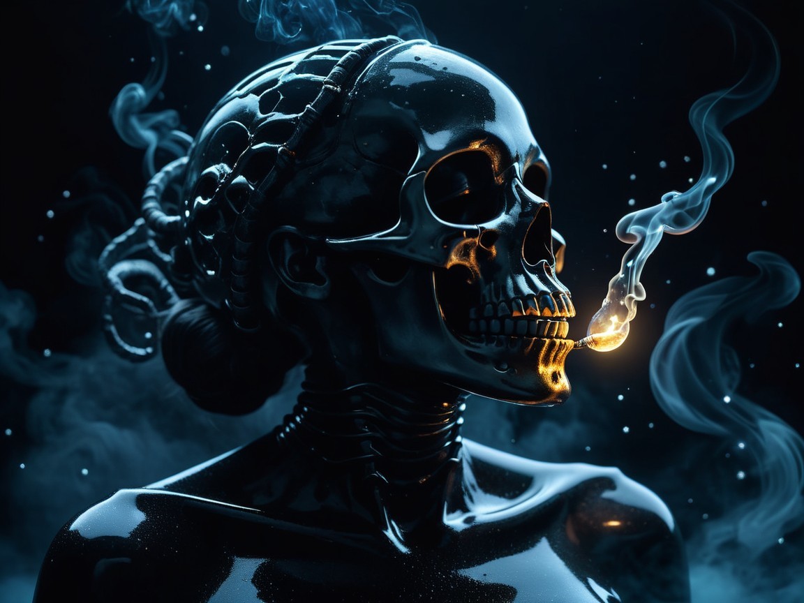 Surreal Black Figure with Skull Face and Smoke Wisps