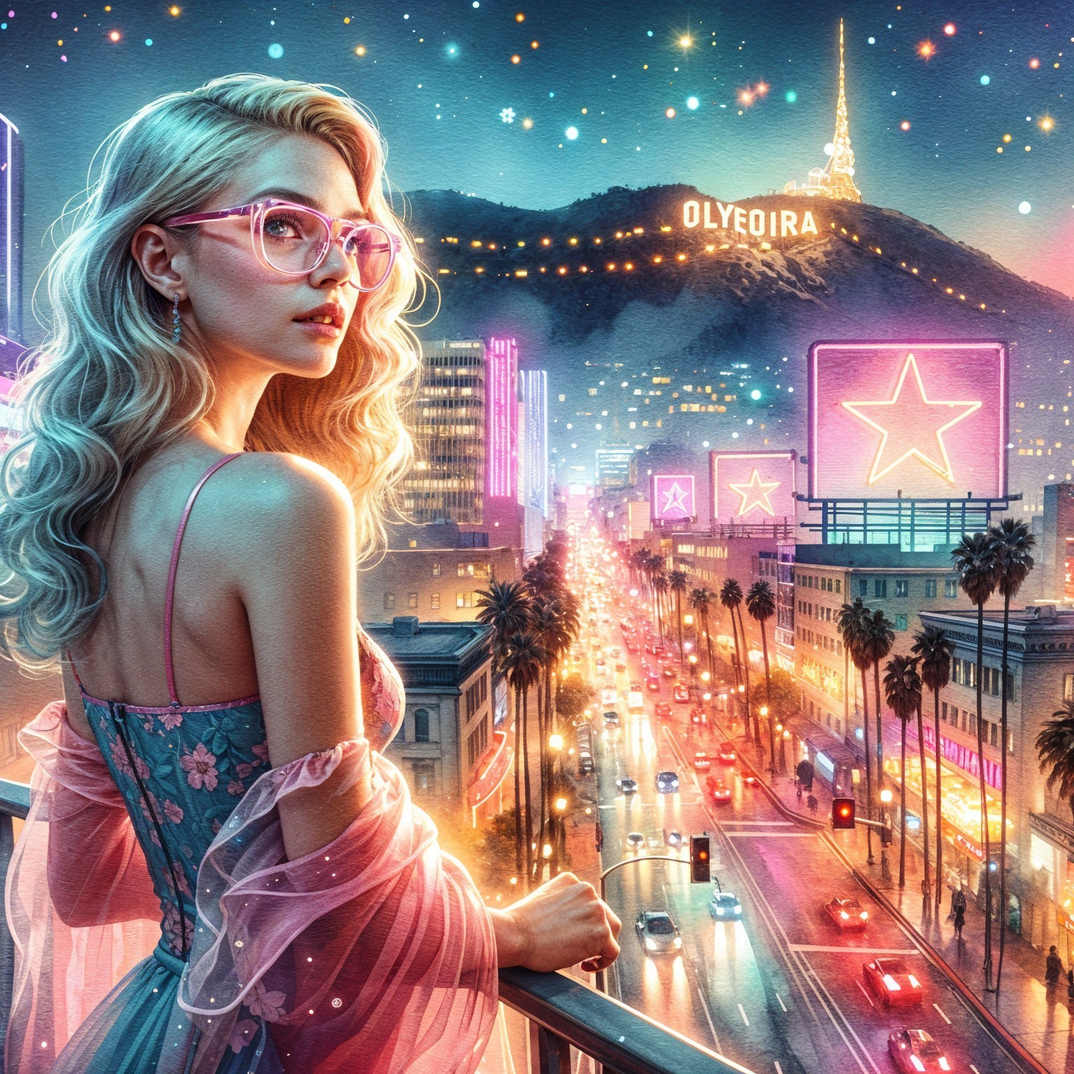 Young woman in stylish glasses overlooking neon cityscape