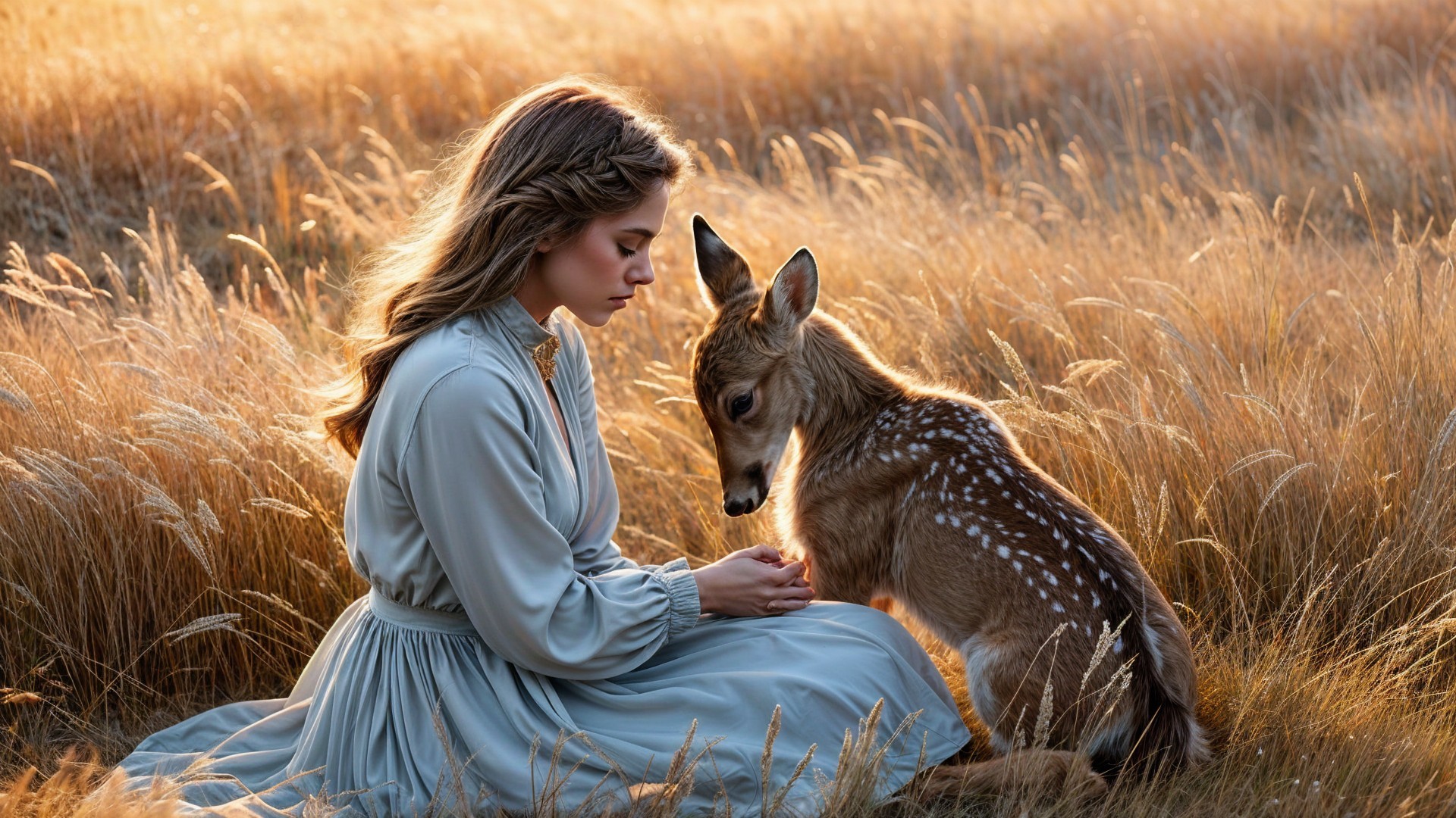 Young girl and fawn in sunlit golden grass field