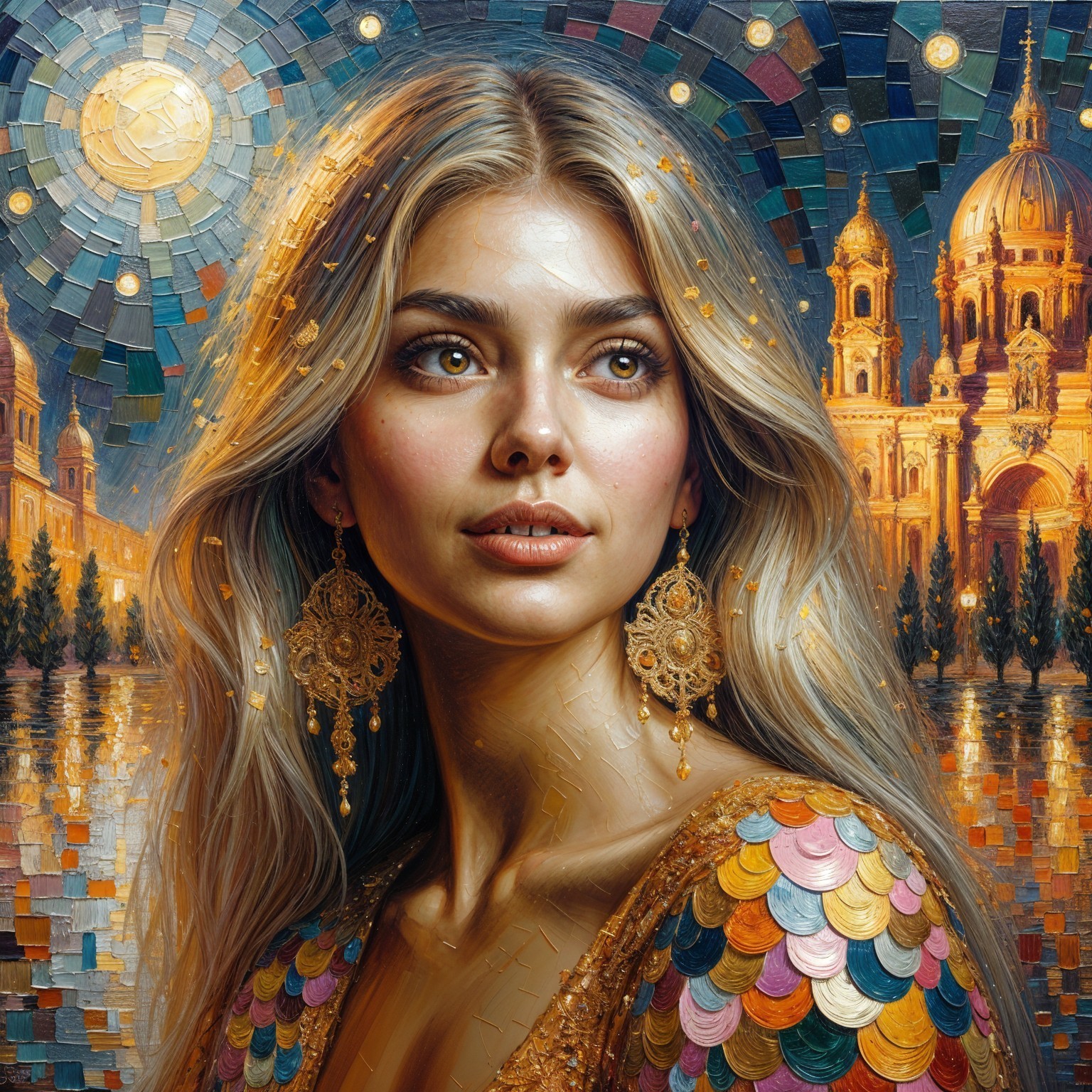 Portrait of a Young Woman in a Moonlit Cityscape
