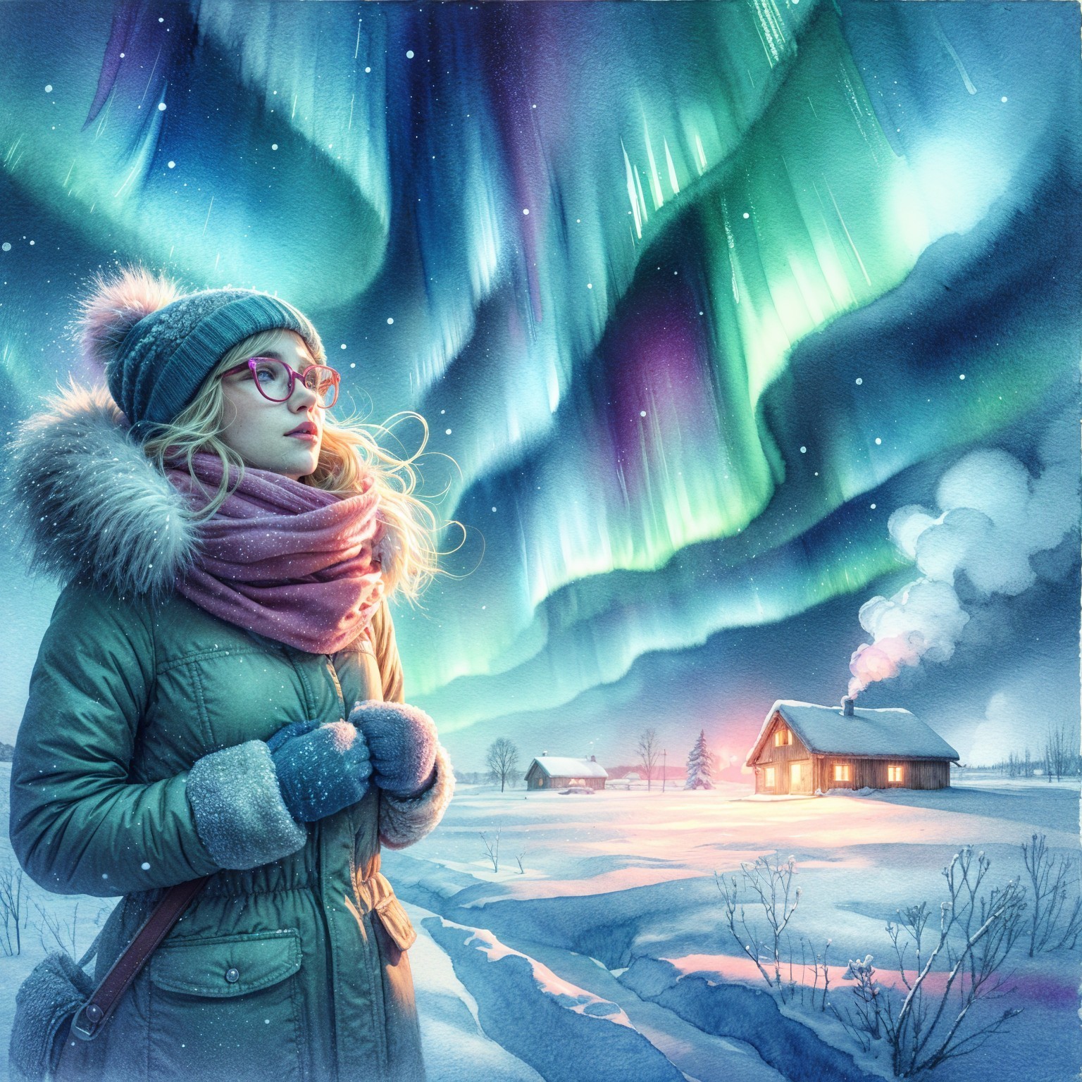 Young woman in snowy landscape under Northern Lights