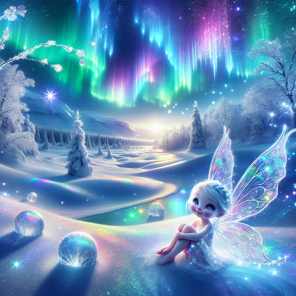 Magical Winter Landscape with Fairy and Auroras