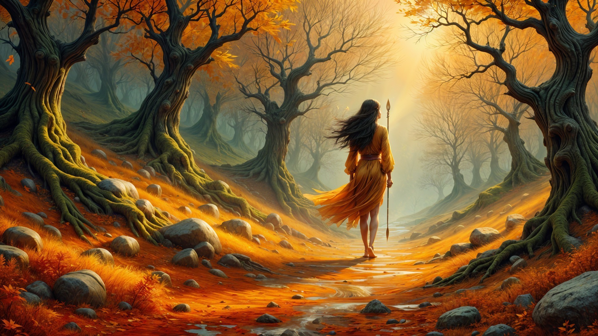 Ethereal Figure in Mystical Autumn Forest Path