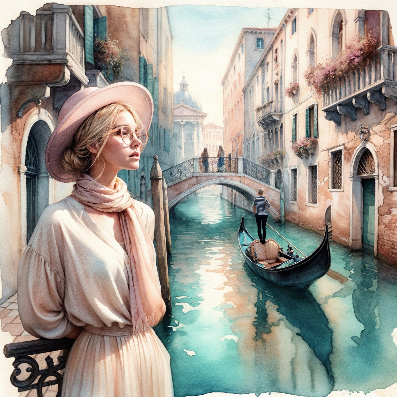 Venetian Canal Scene with Woman and Gondola