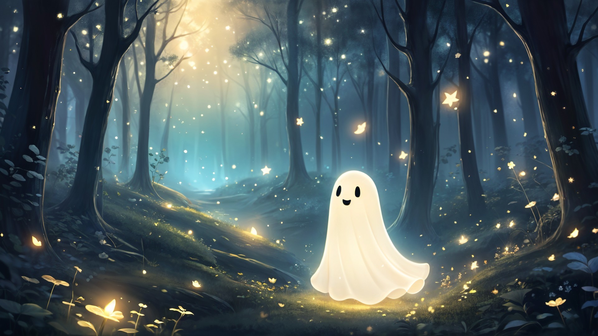 Twilight Forest with Ghosts and Glowing Fireflies