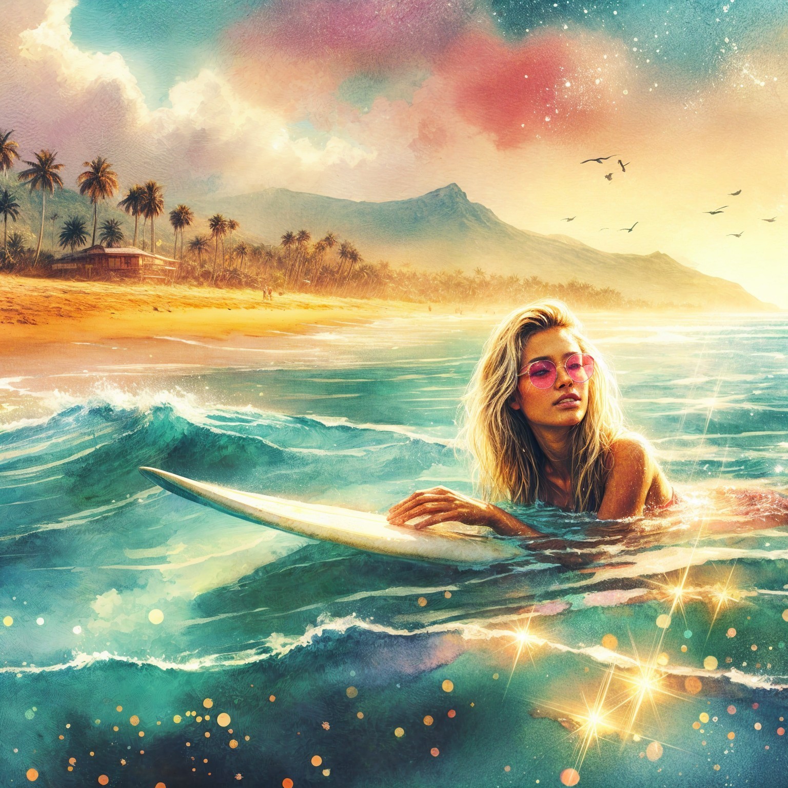 Surfer Relaxing on Board in Turquoise Waves at Sunset