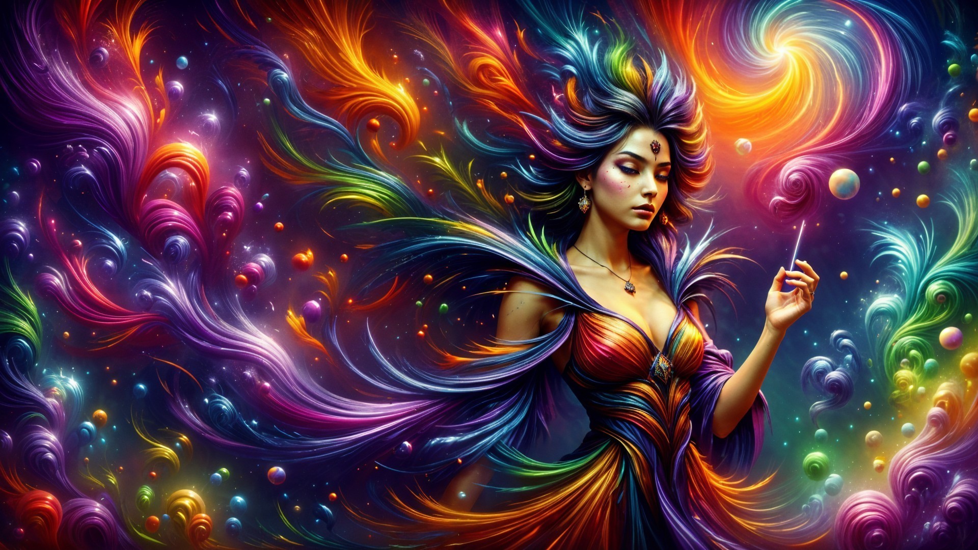 Vibrant Scene of a Woman Surrounded by Colorful Energy