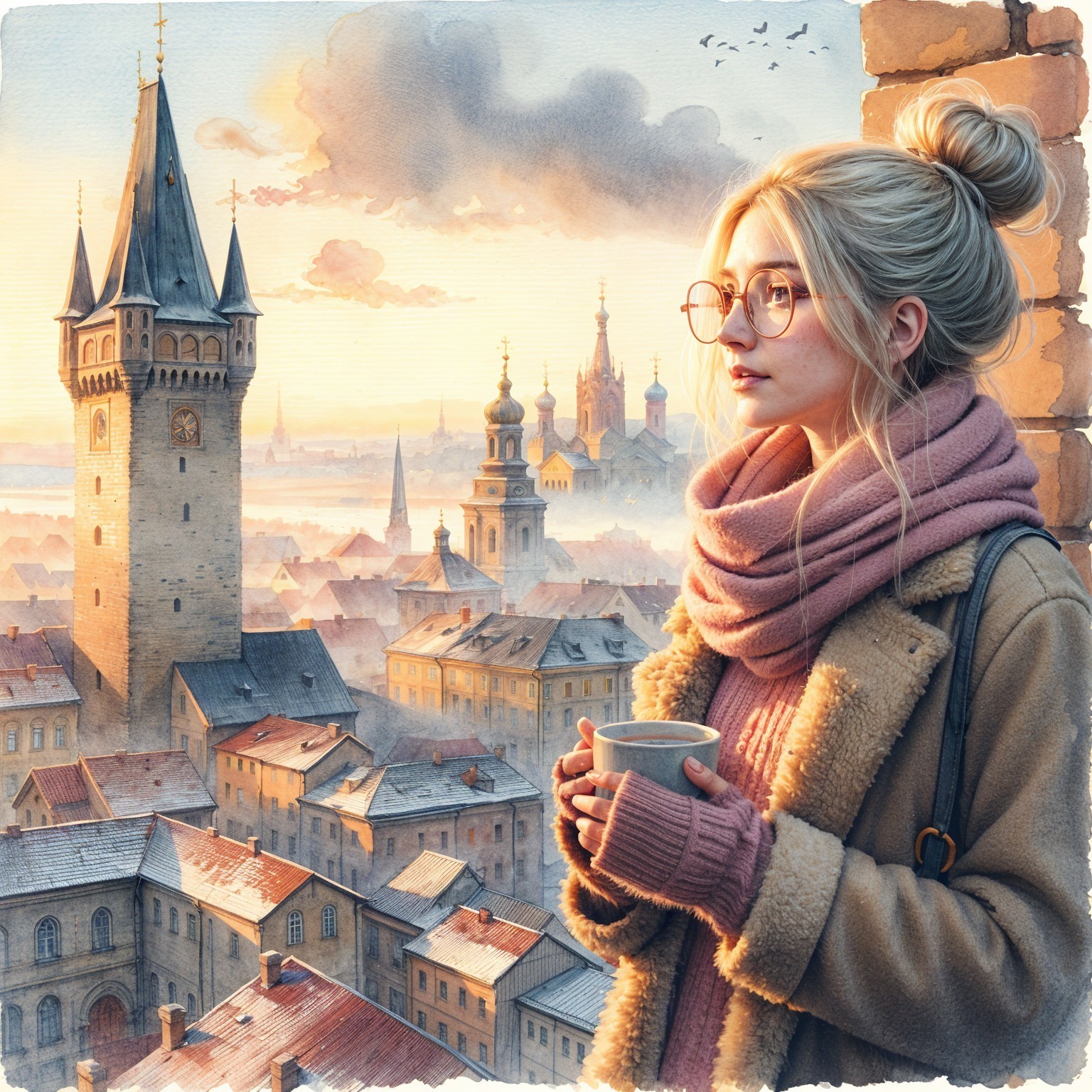 Young woman with cup gazes over city at sunrise