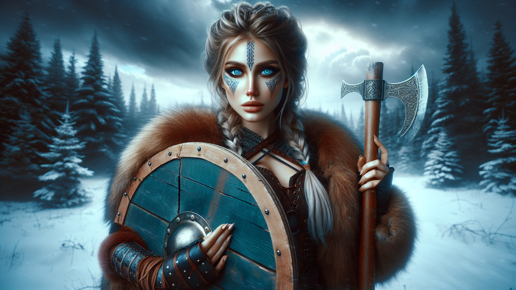 Fierce Warrior Woman in Snowy Forest Setting