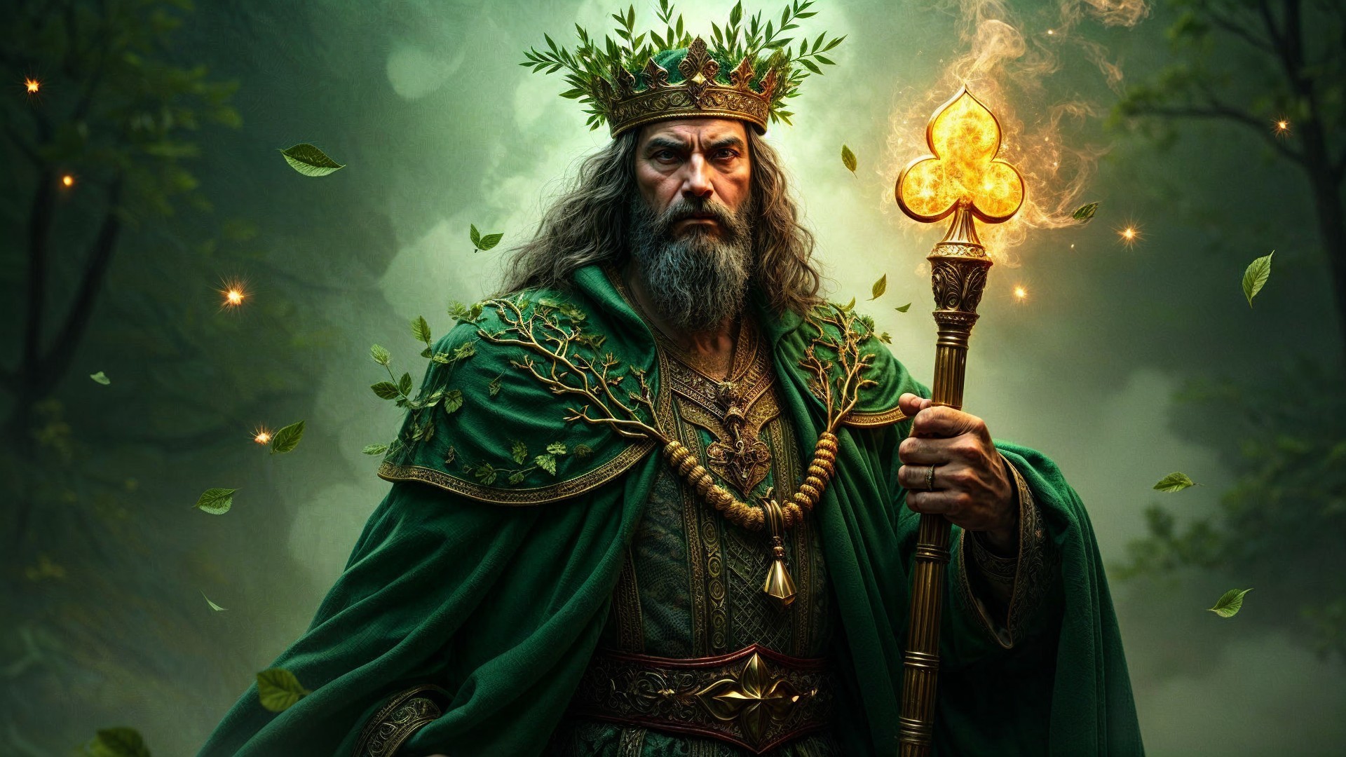 Majestic figure in green robes in a mystical forest