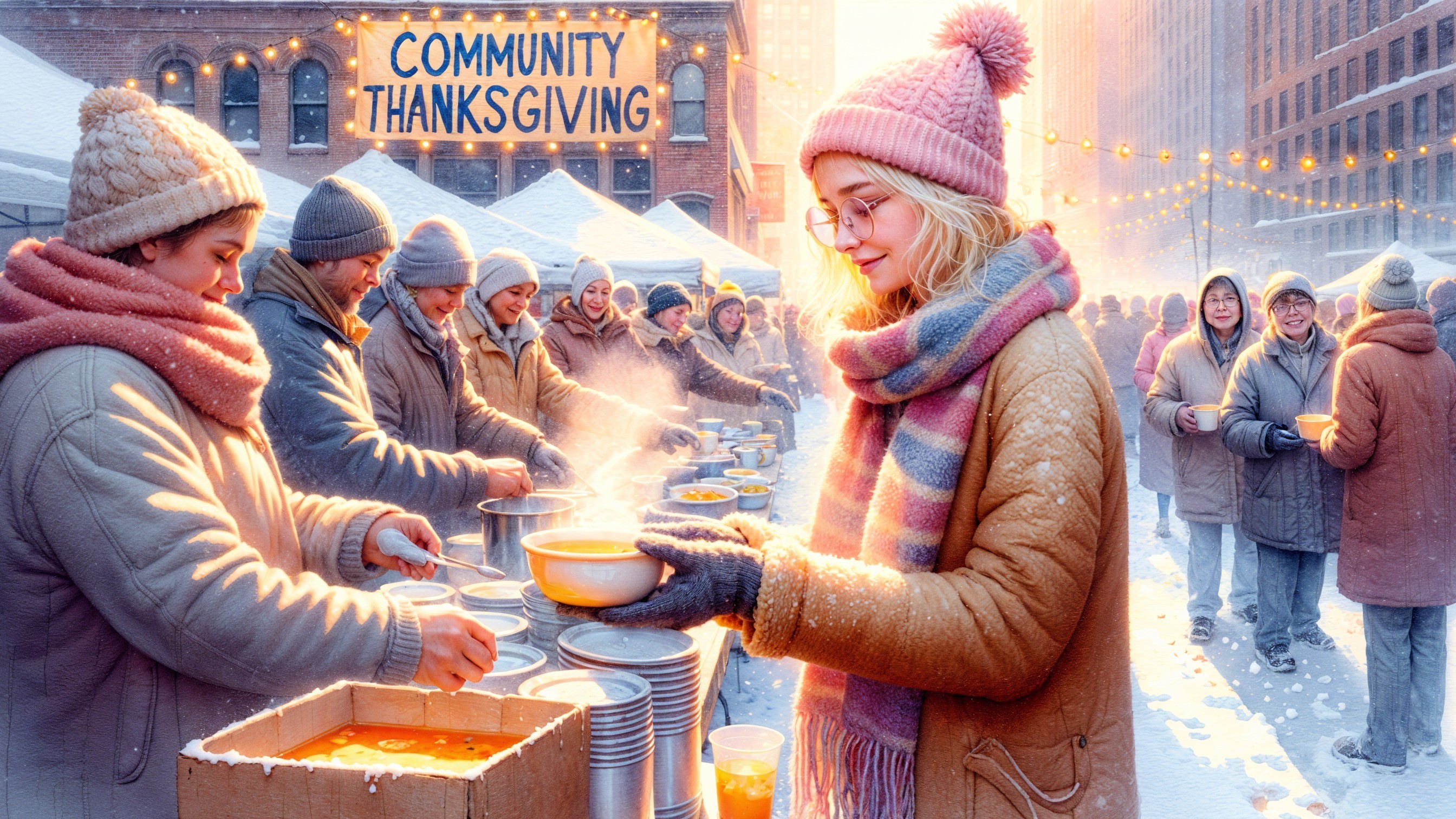 Thanksgiving Community Event in a Snowy Urban Setting