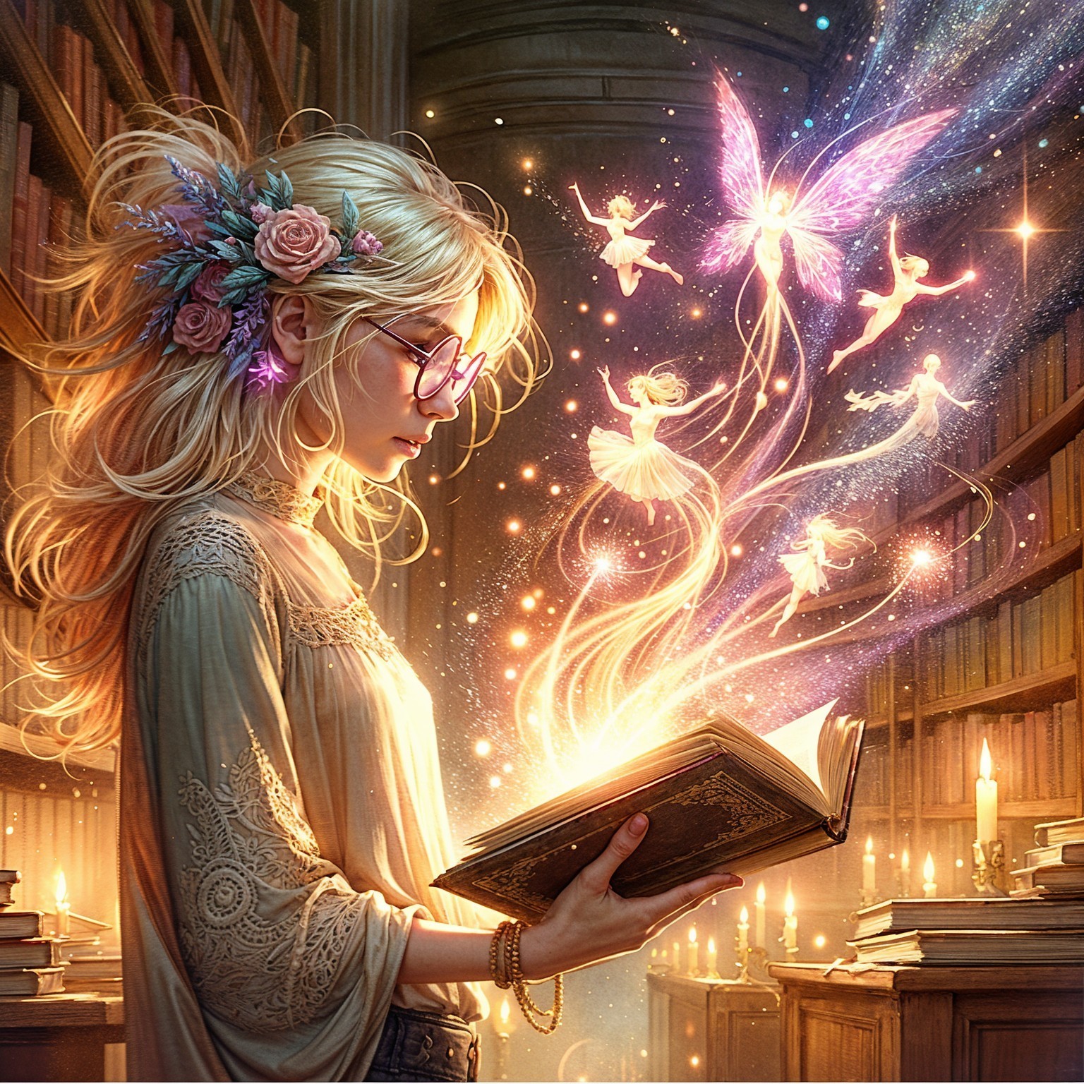 Whimsical Library Scene with Fairies and Butterflies