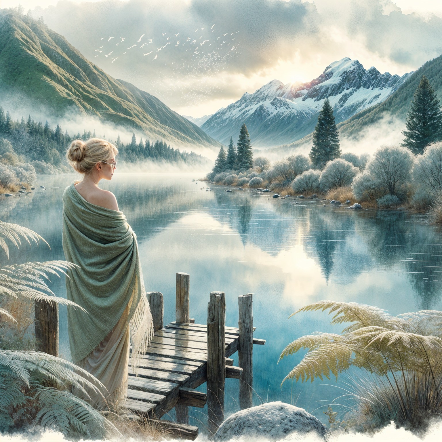Tranquil Lake Landscape with Misty Mountains and Woman