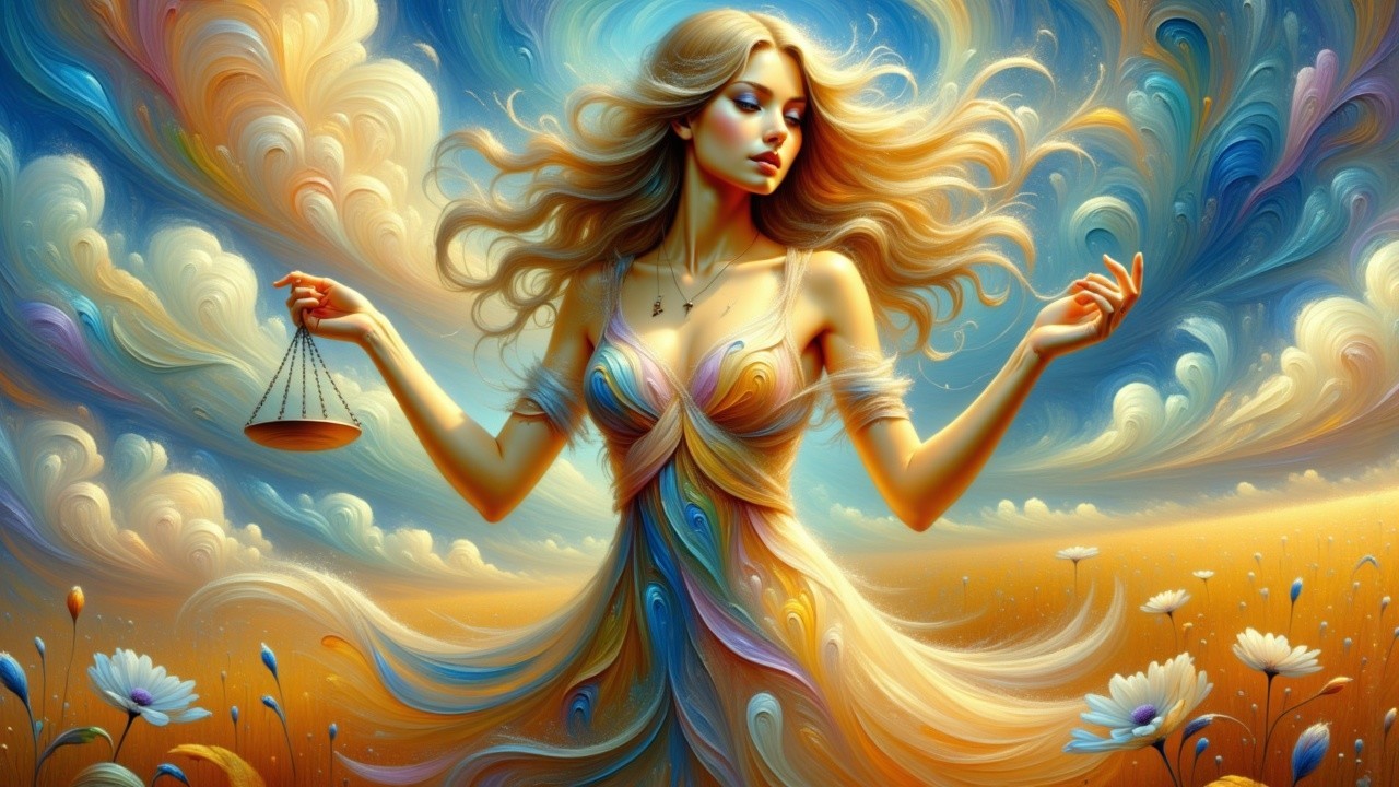 Serene figure with balance scale in vibrant clouds