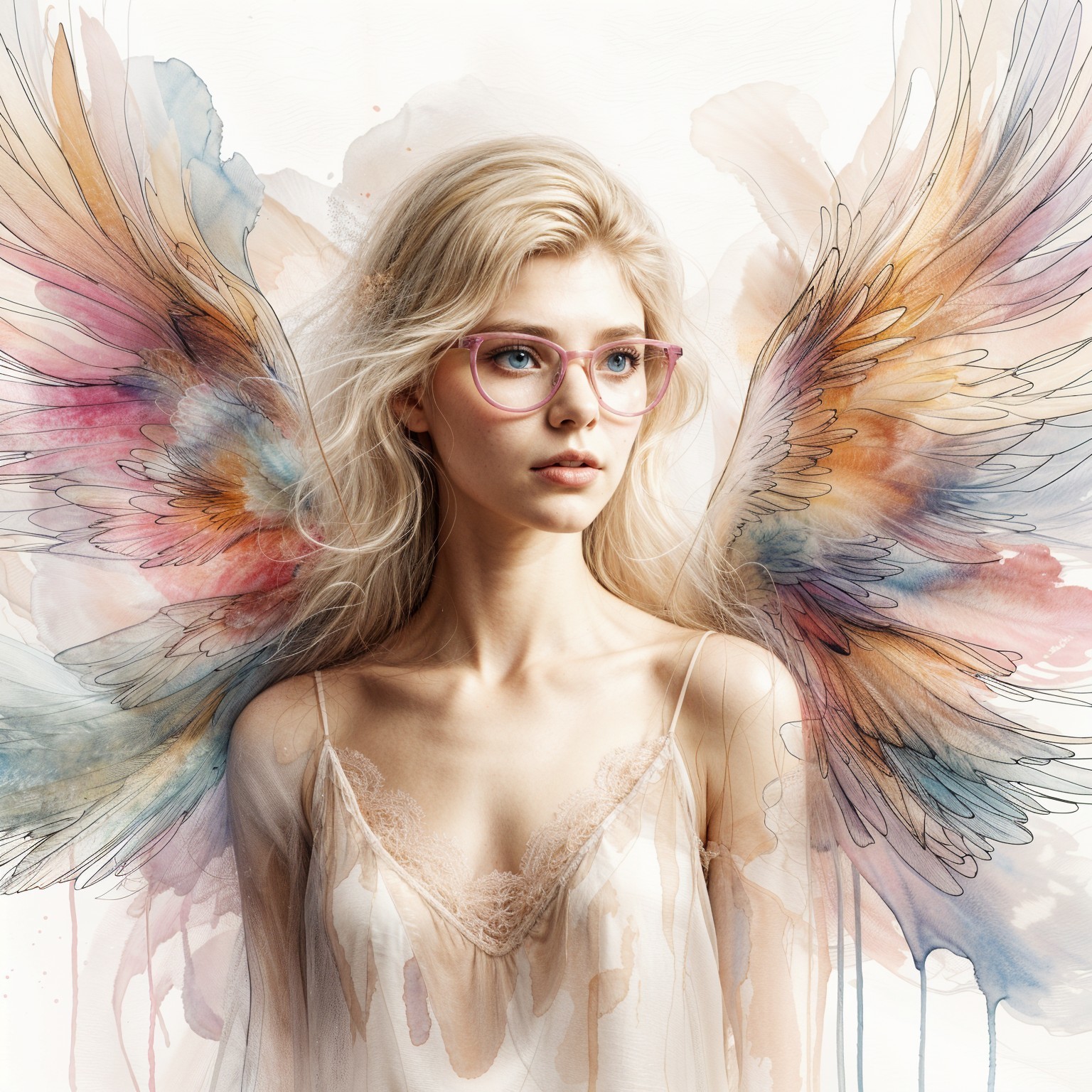 Young woman with colorful wings in watercolor scene