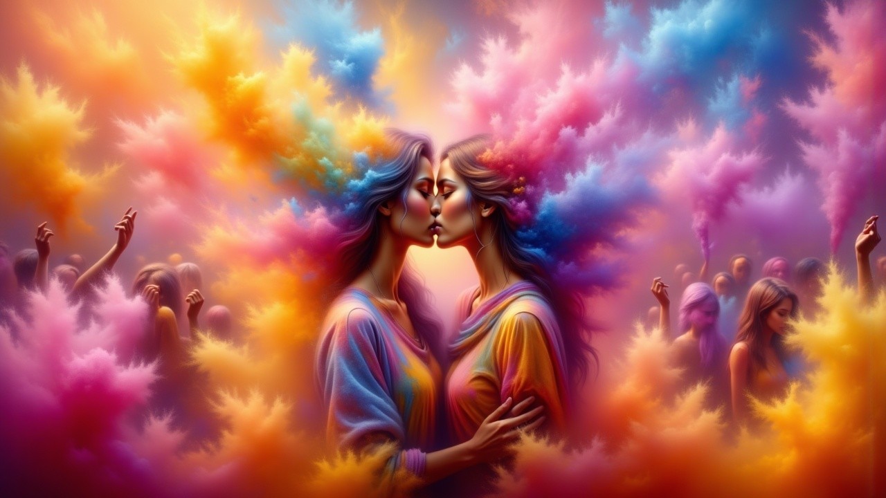 Ethereal Figures Embracing Amid Colorful Smoke