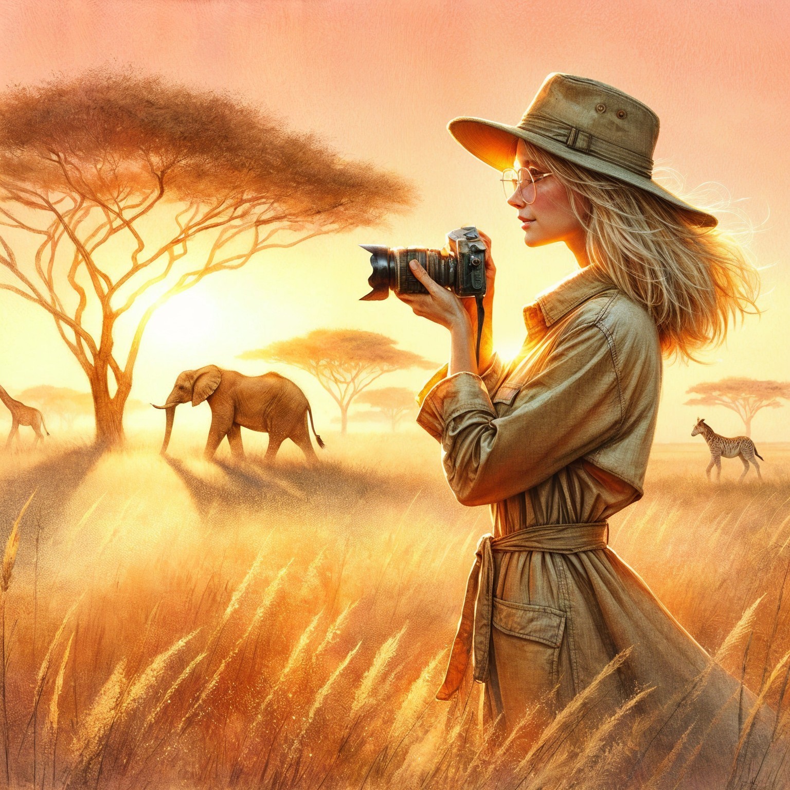 Young Woman in Savanna at Sunset with Wildlife
