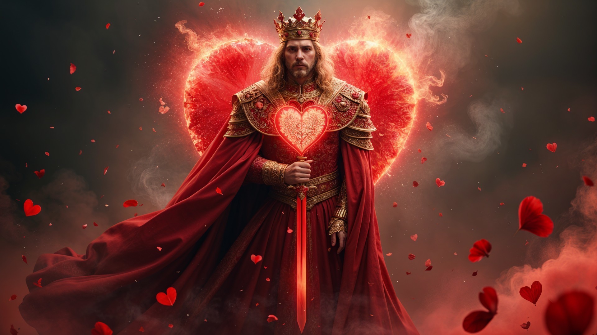 Majestic king in ornate armor with glowing heart