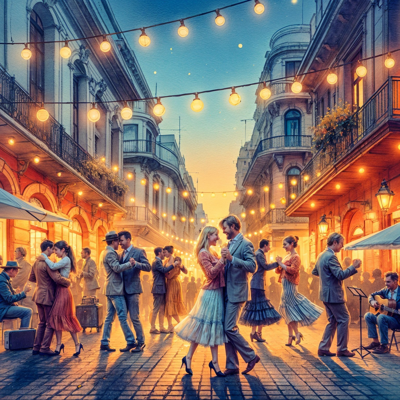 Lively Dusk Street Scene with Dancing and Music