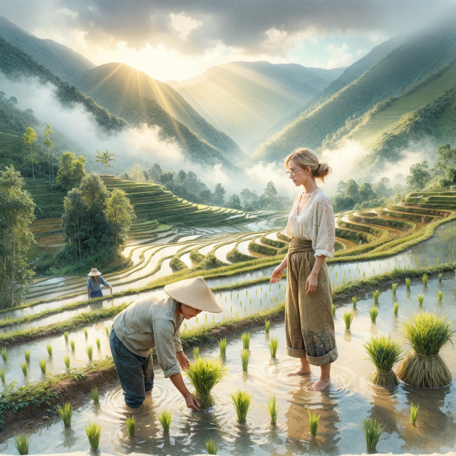 Rice Planting in Terraced Fields with Mountain Backdrop