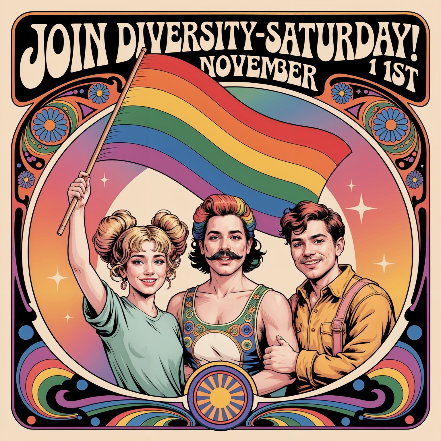 Retro Illustration of Diverse Individuals with Rainbow Flag