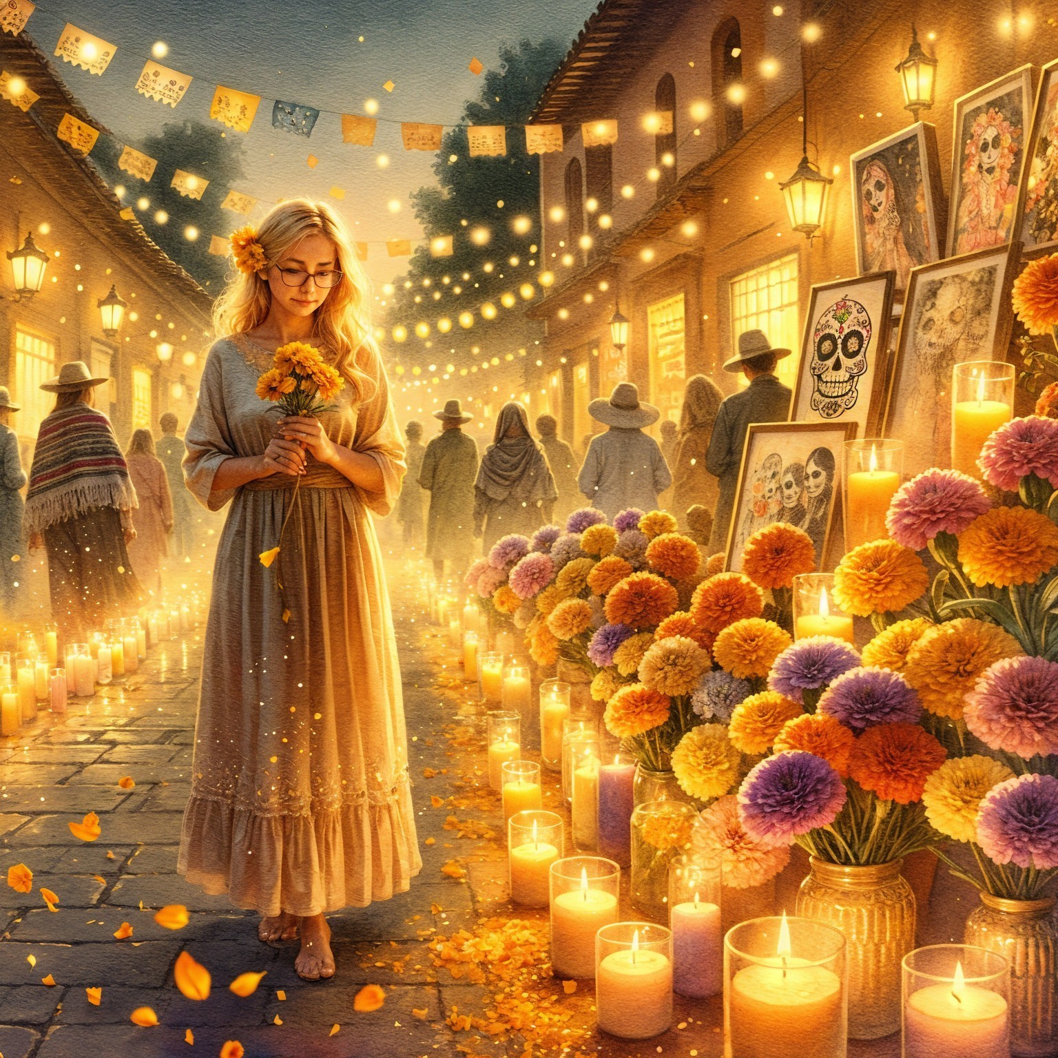 Candlelit Street Scene with Marigolds and Decorations
