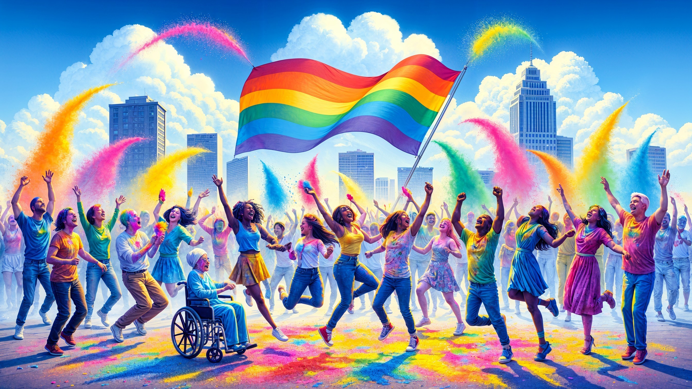 Celebration Scene with Diverse Group and Rainbow Flag