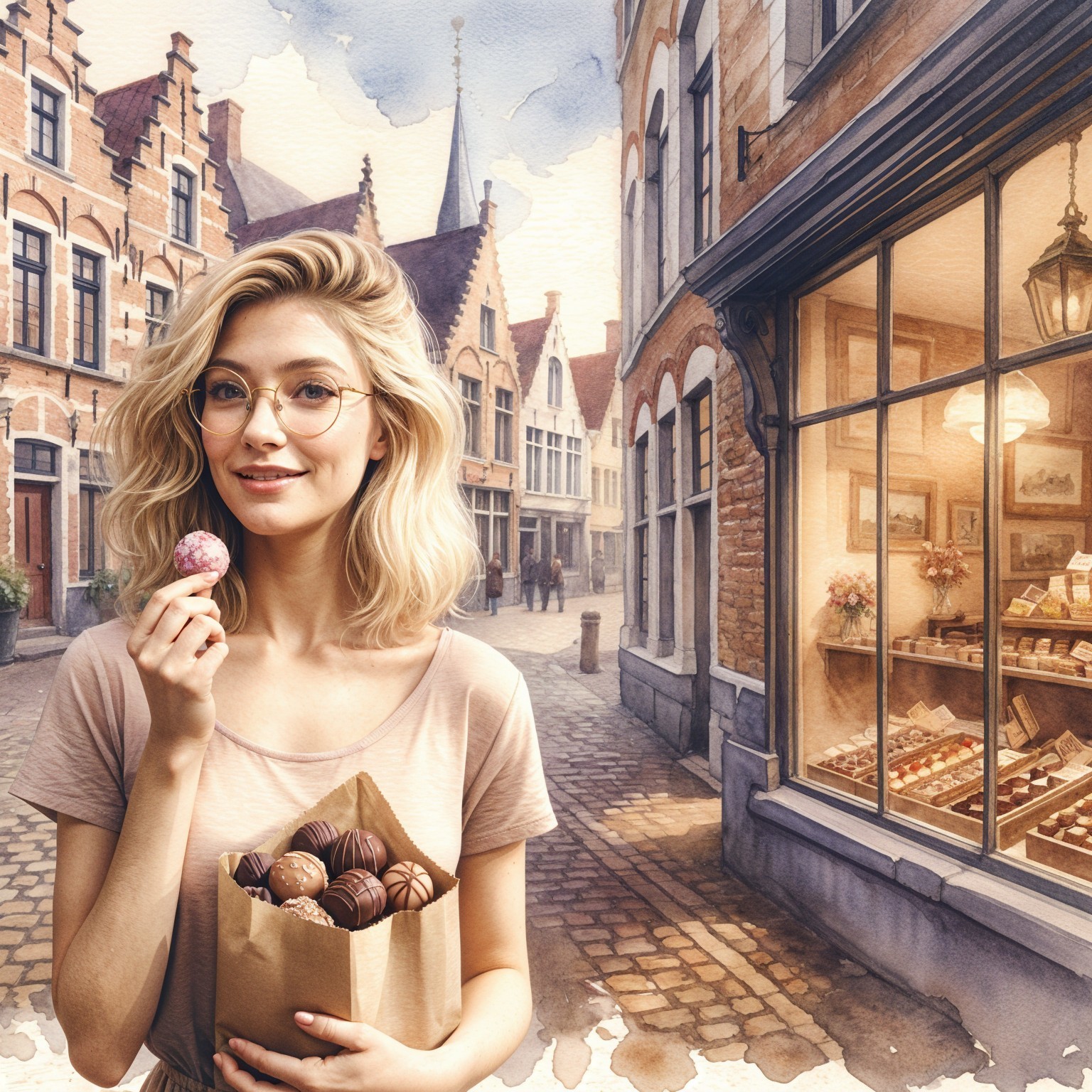 Young woman with chocolates on a cobblestone street