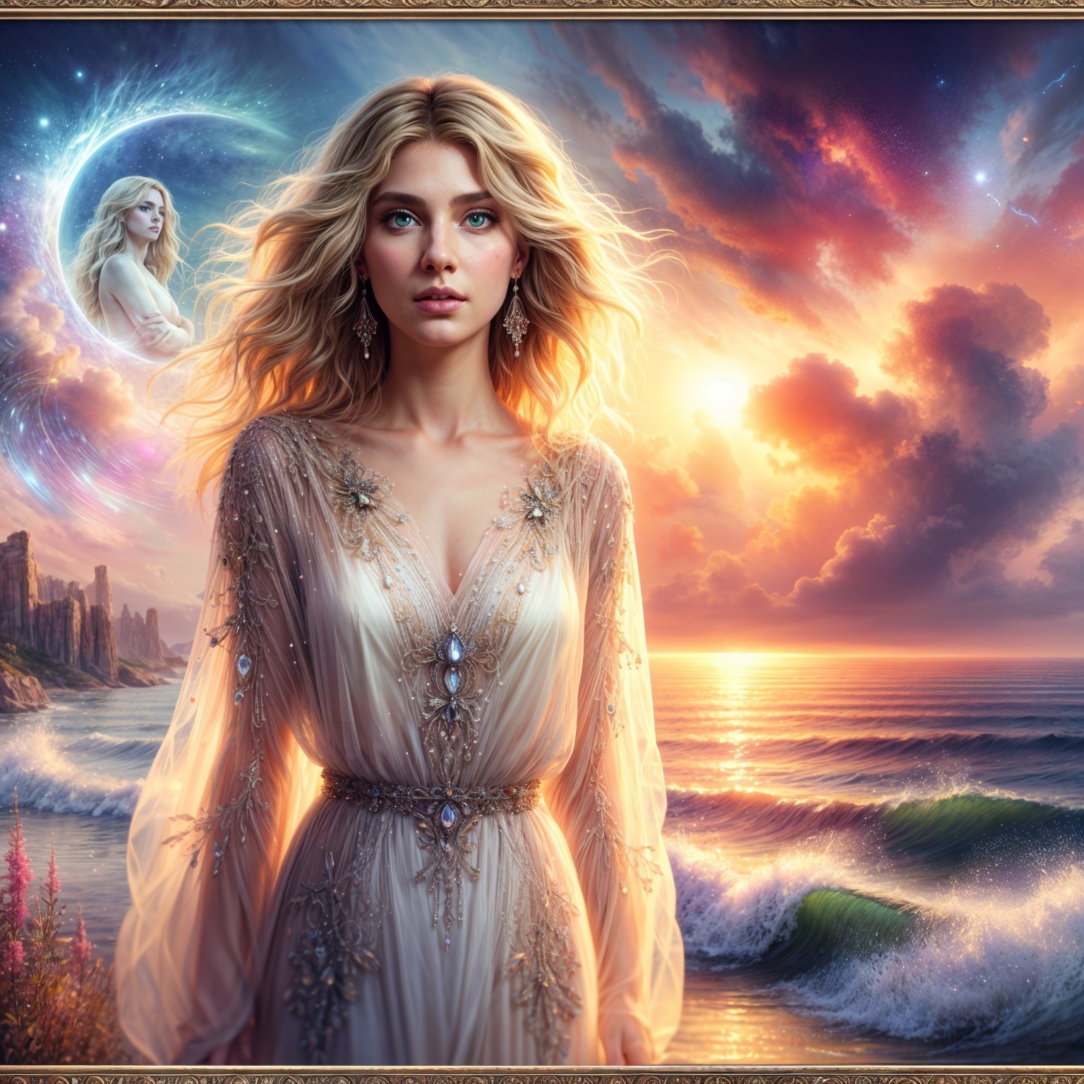 Serene Woman in Jewel-Adorned Gown Against Cosmic Backdrop
