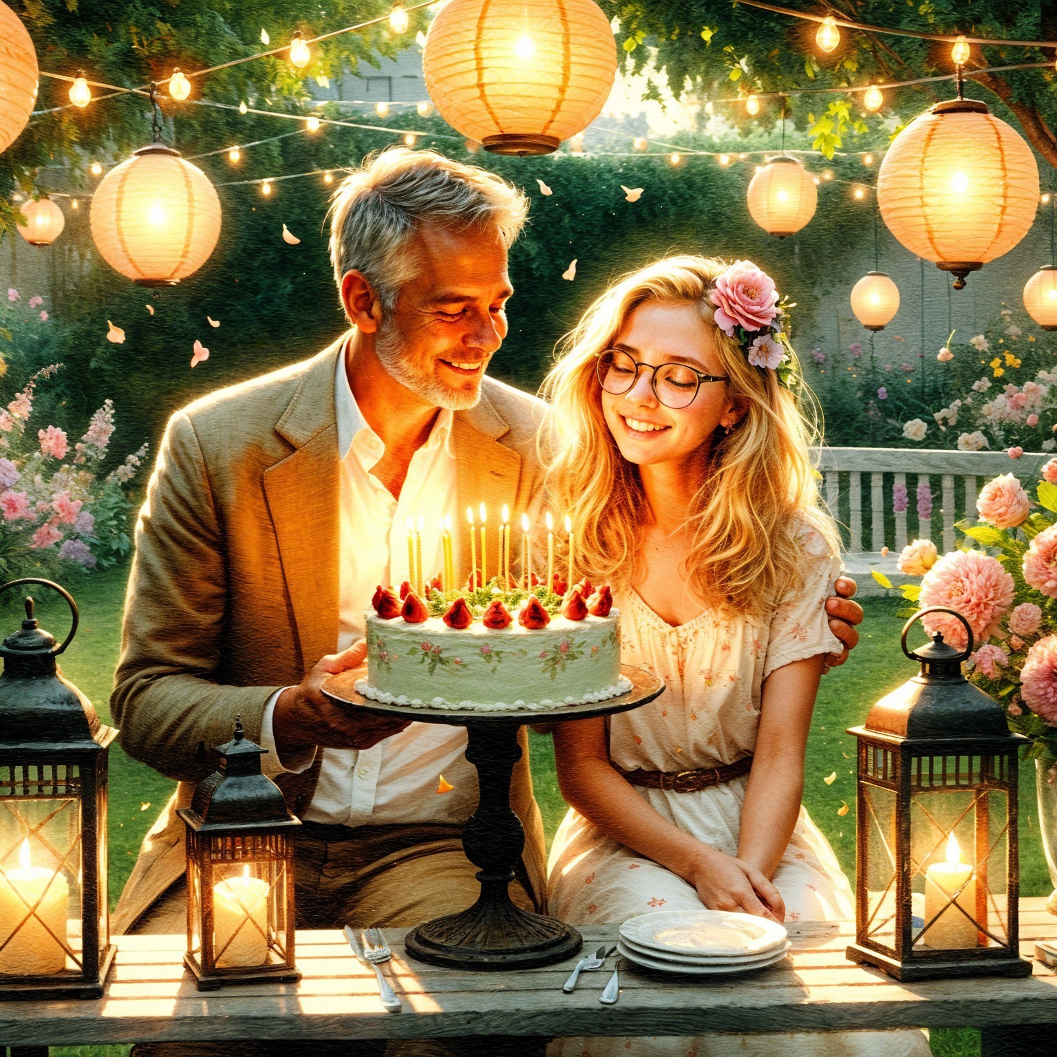 Romantic Outdoor Celebration with Lanterns and Flowers