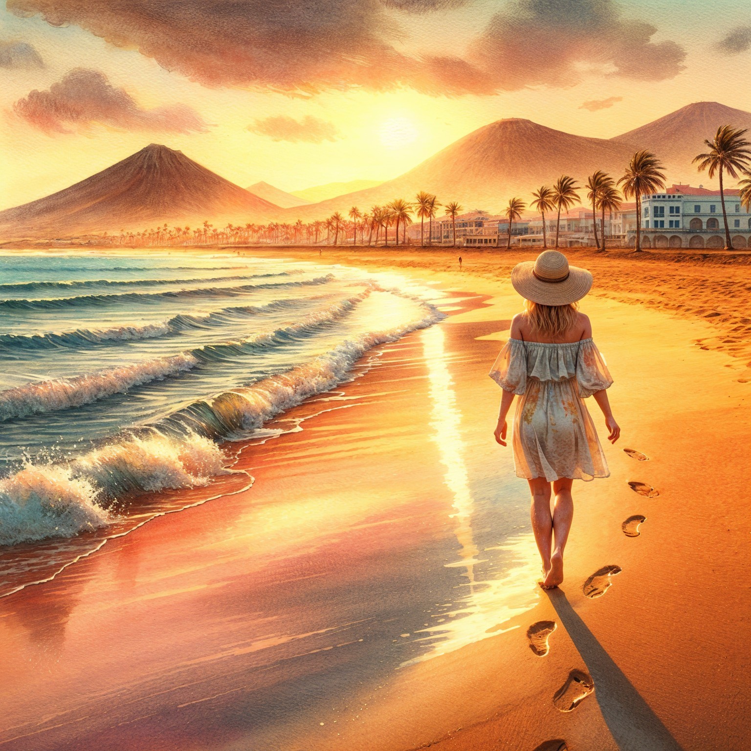 Woman Walking on Sunset Beach with Palm Trees and Mountains
