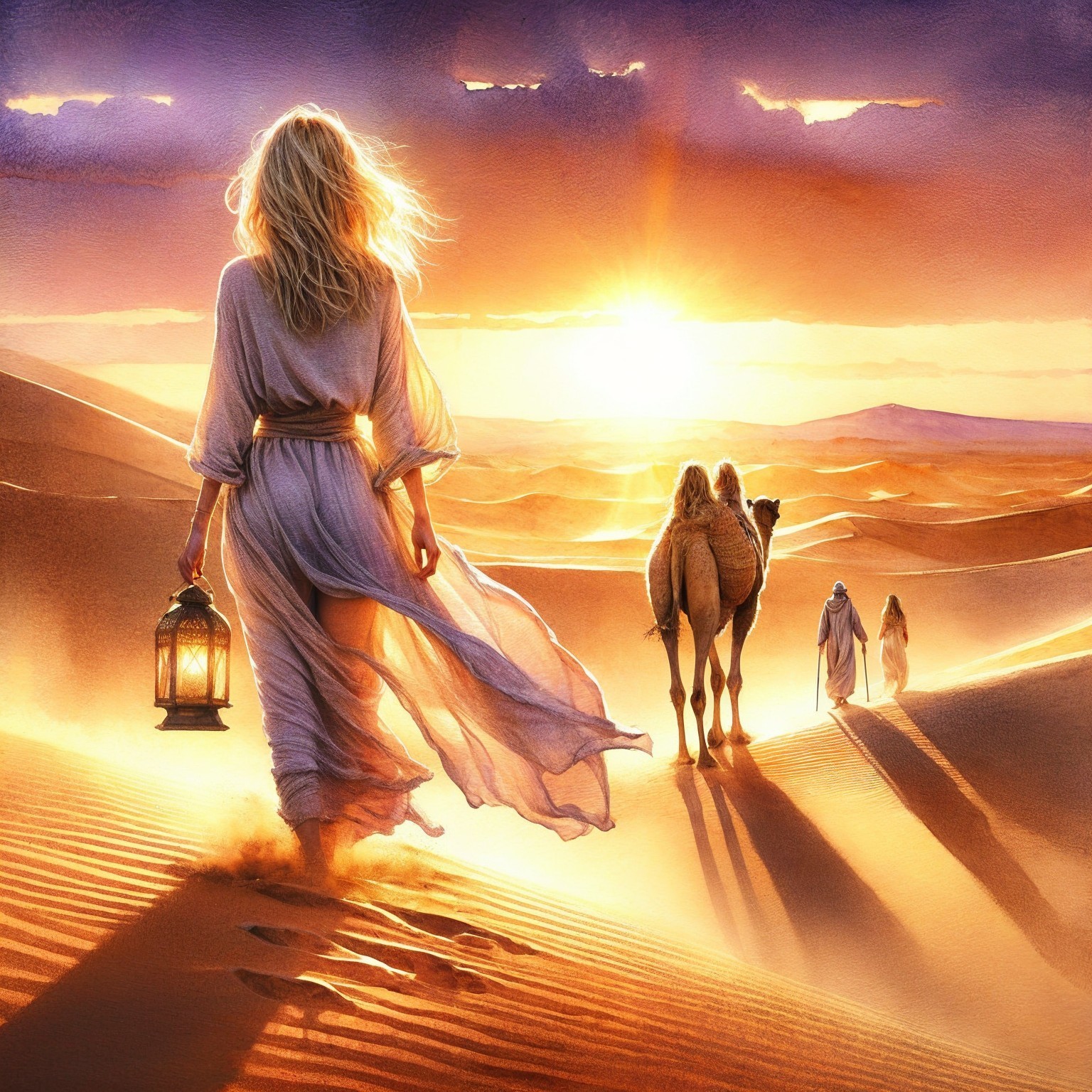 Sunset over Sand Dunes with Figures and Lantern