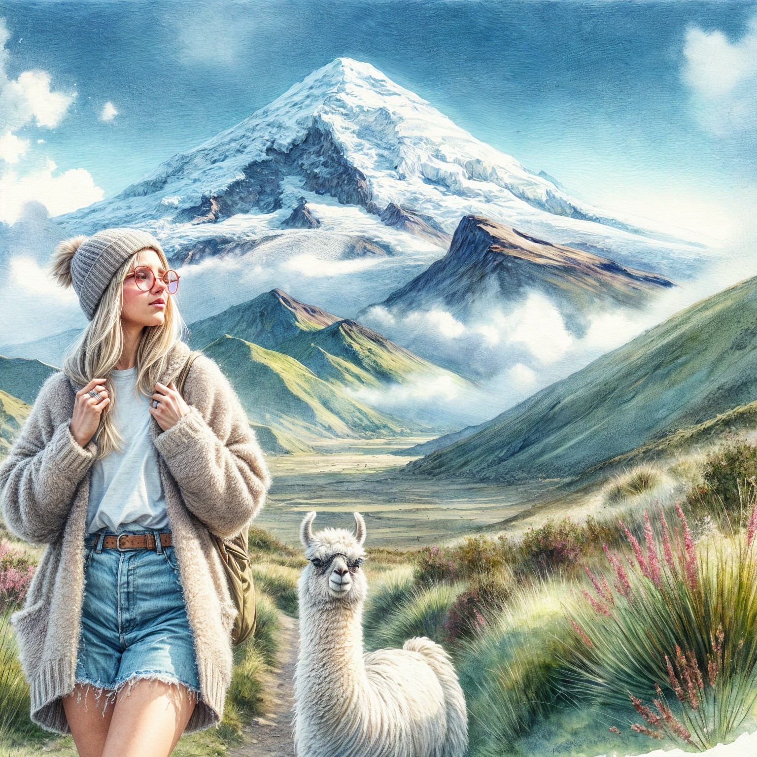 Young woman and llama in scenic mountain landscape