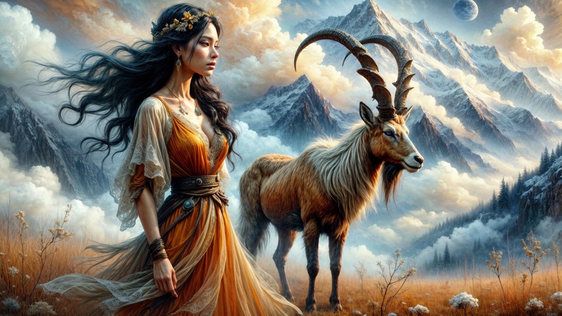 Serene Woman in Orange Dress with Goat in Mountains