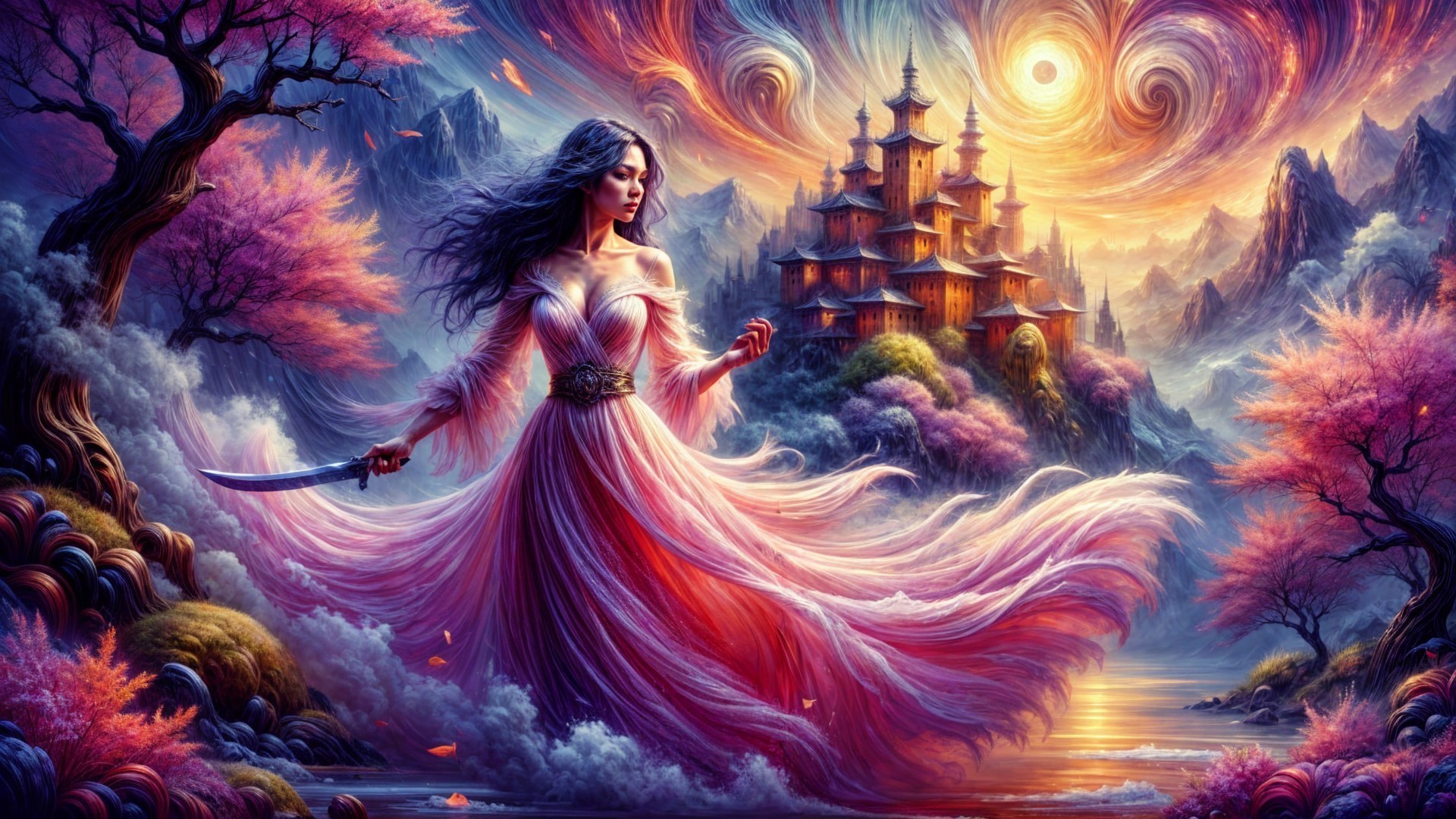 Mystical landscape with a woman in an ethereal gown