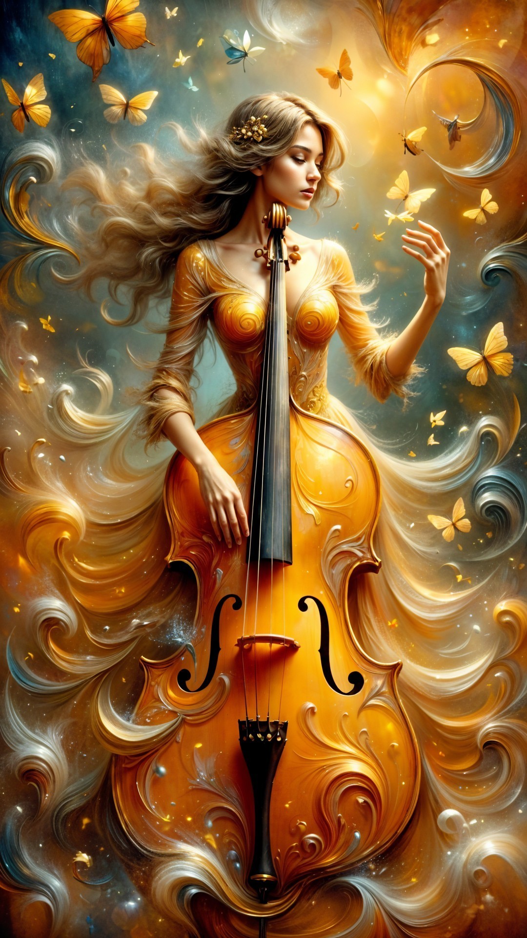 Ethereal Woman with Cello in Golden Dress and Butterflies