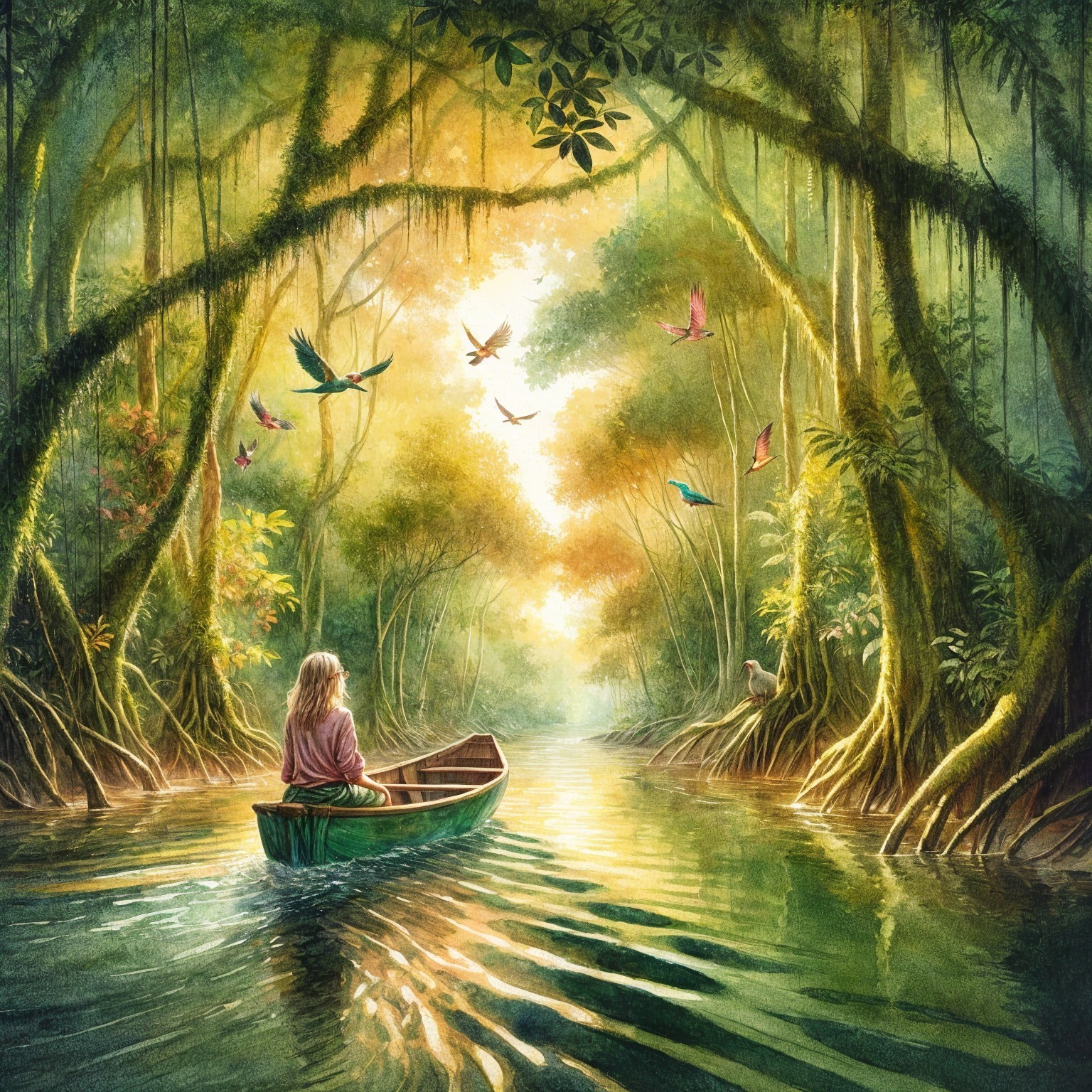 Young girl in green boat on serene jungle river