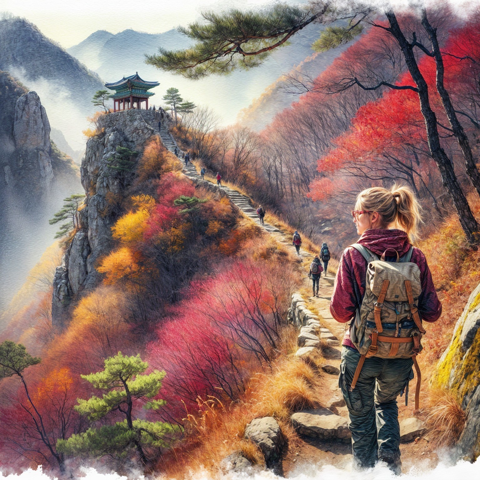 Mountain Trail with Autumn Foliage and Pagoda View