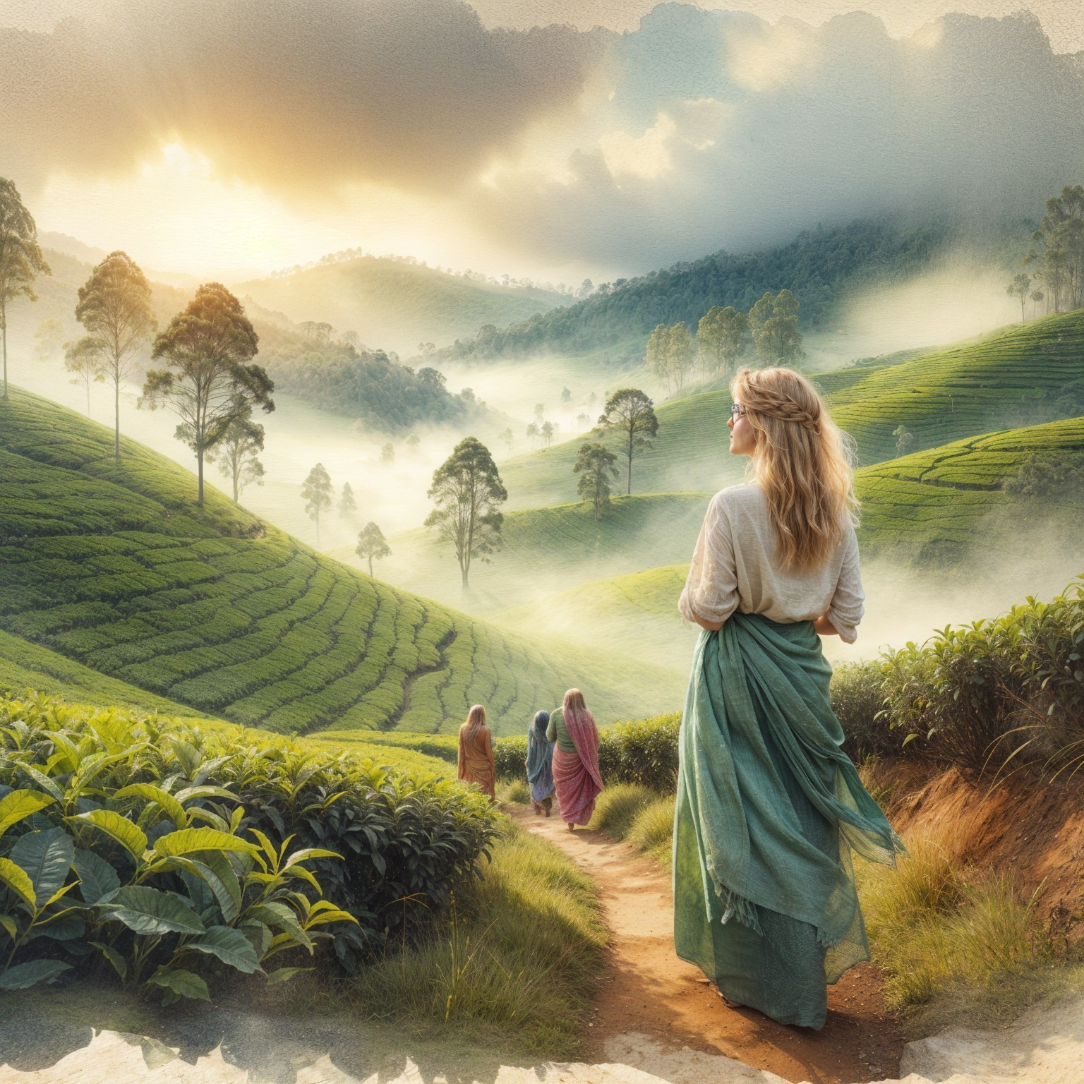 Serene Landscape of Tea Plantations at Dawn