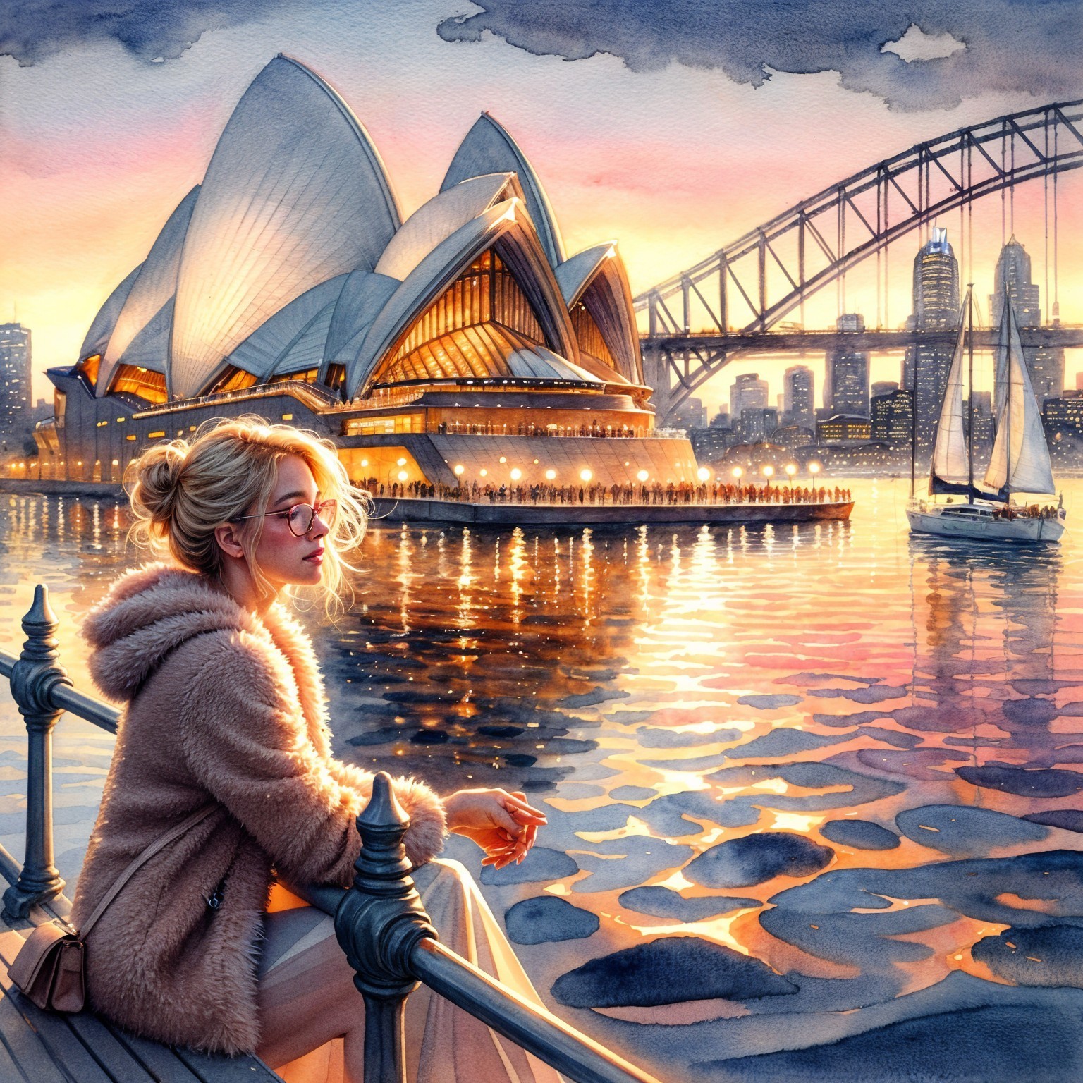 Serene Sunset Scene with Sydney Opera House and Bridge