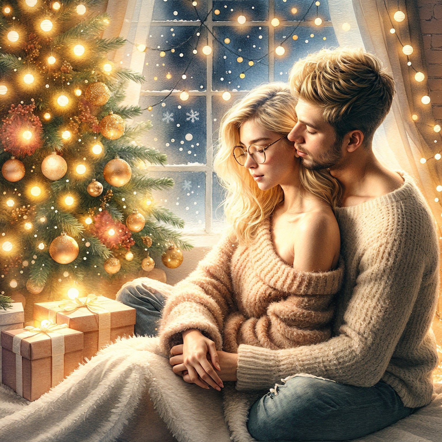 Cozy Christmas Night Scene with Decorated Tree