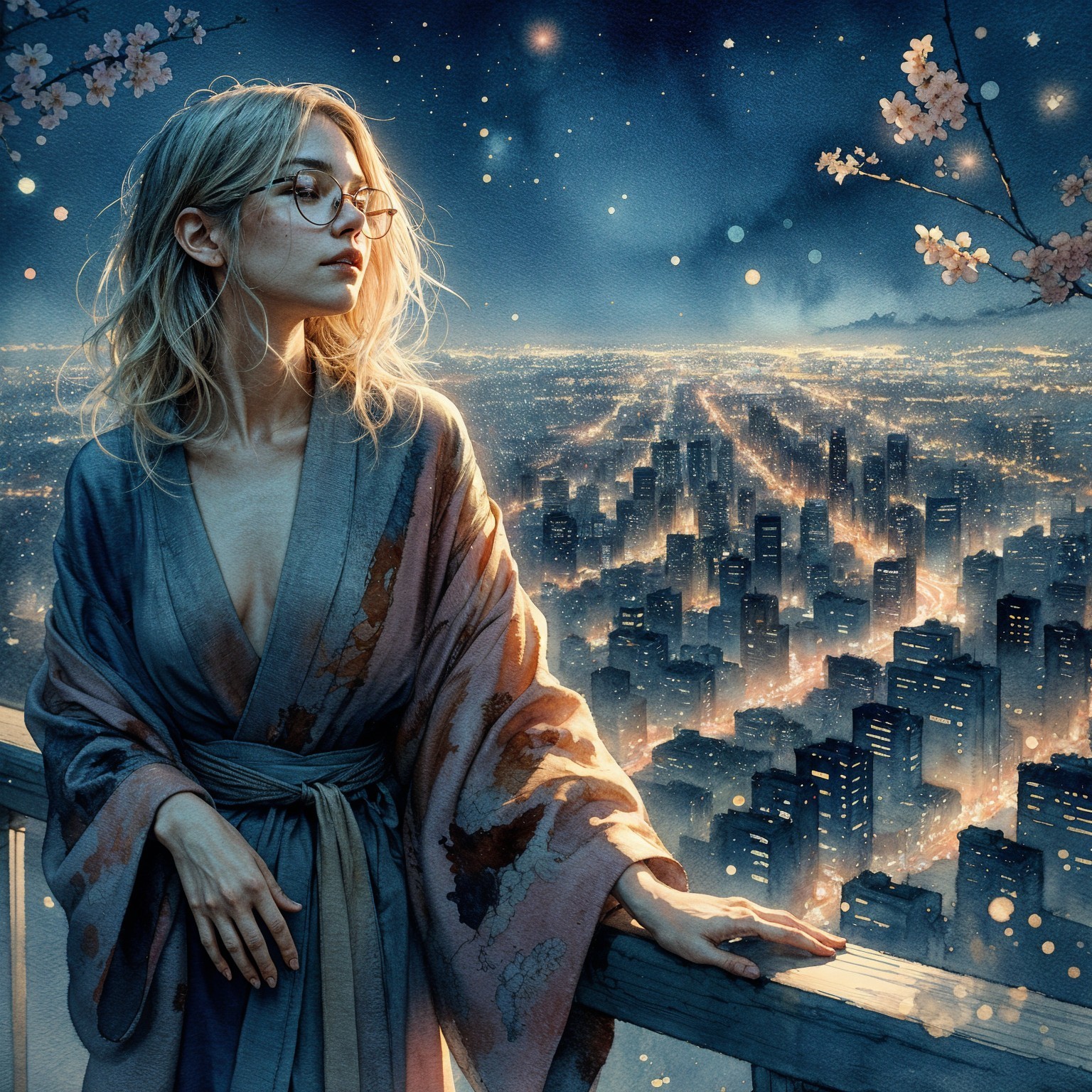 Young Woman in Kimono Overlooking City Lights